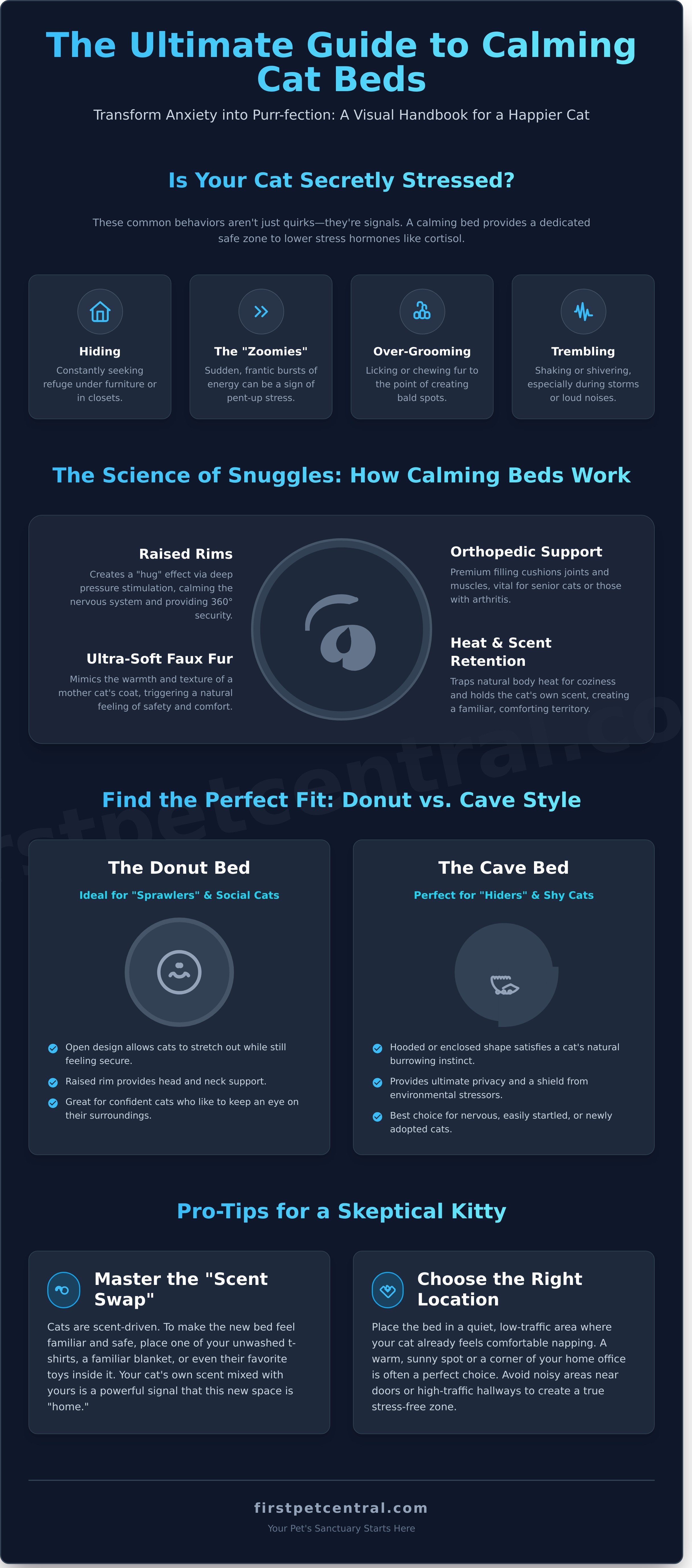 Calming cat bed for anxiety infographic - visual guide