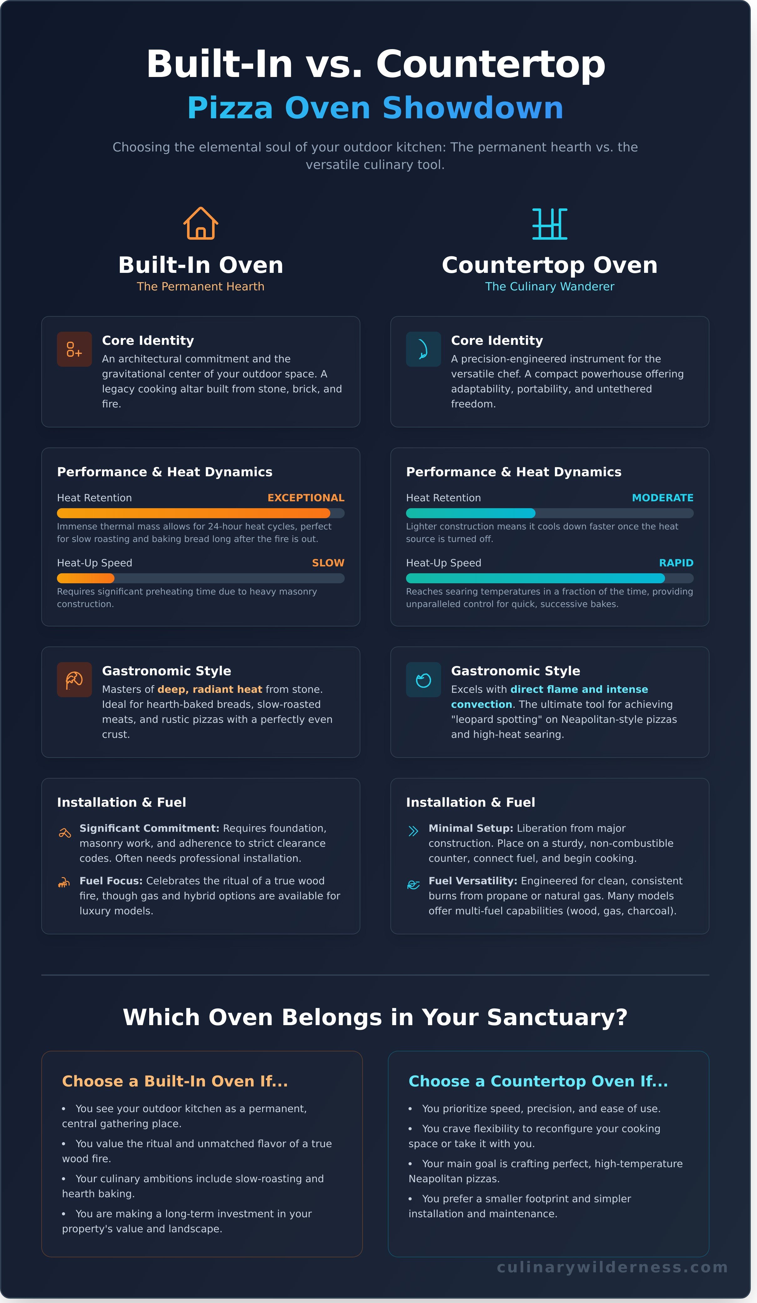 Built-in vs countertop pizza oven infographic - visual guide