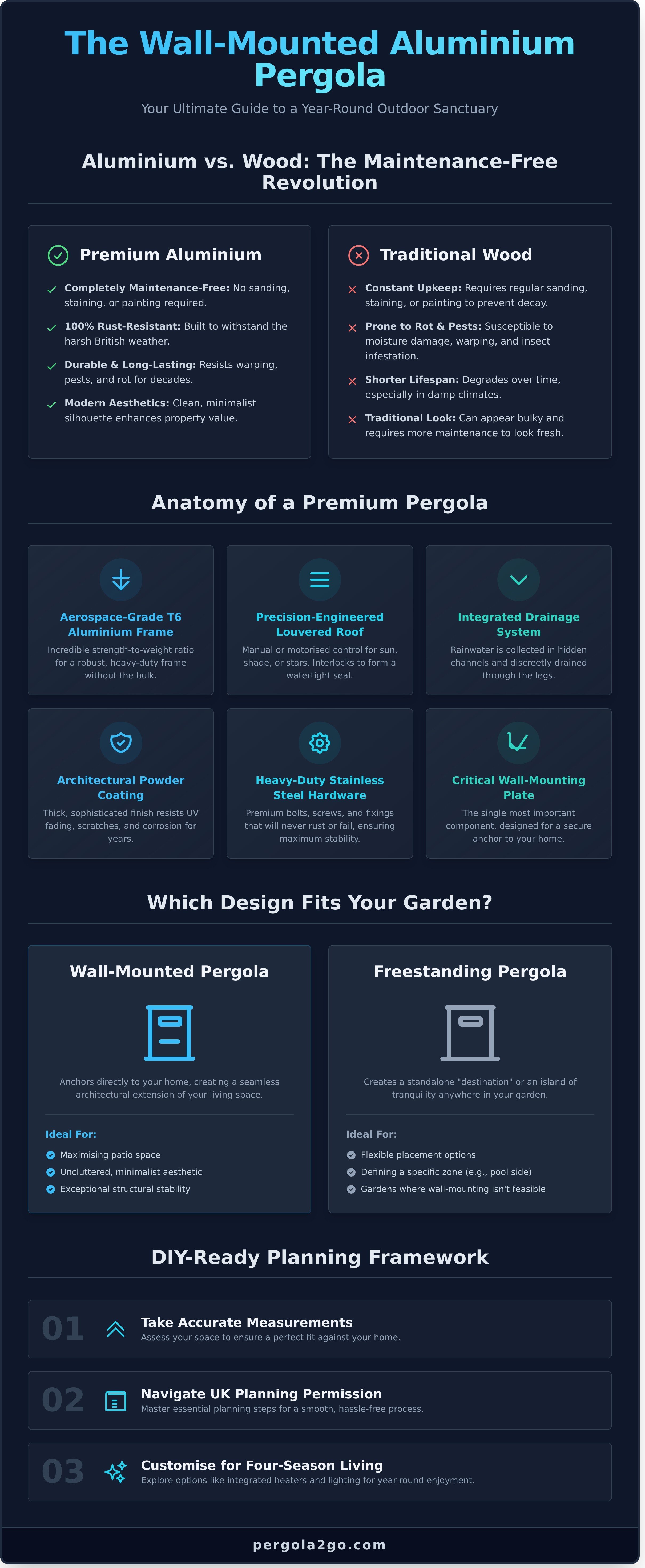 Wall mounted aluminium pergola infographic - visual guide
