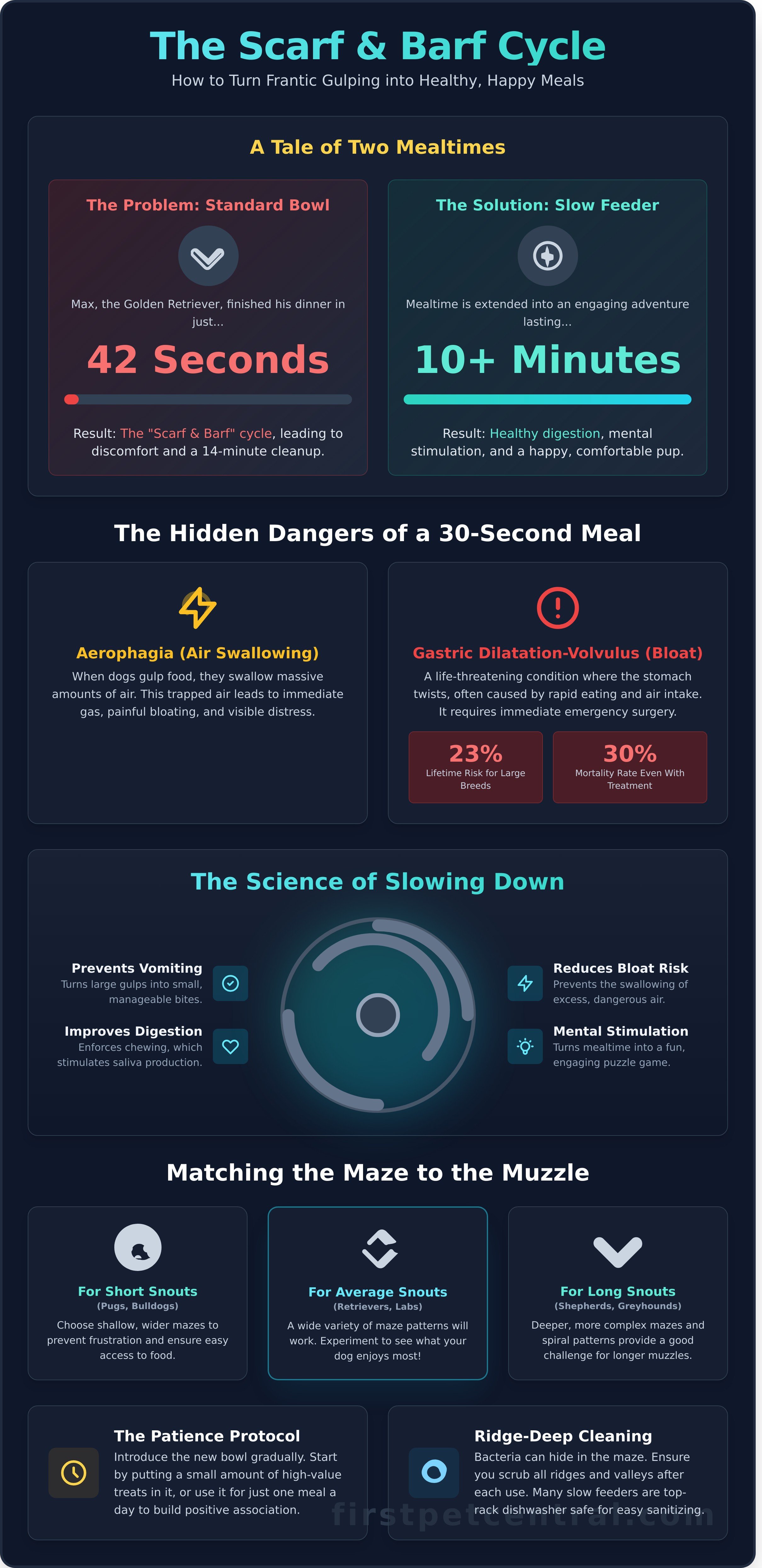 Slow feeder dog bowl to prevent vomiting infographic - visual guide