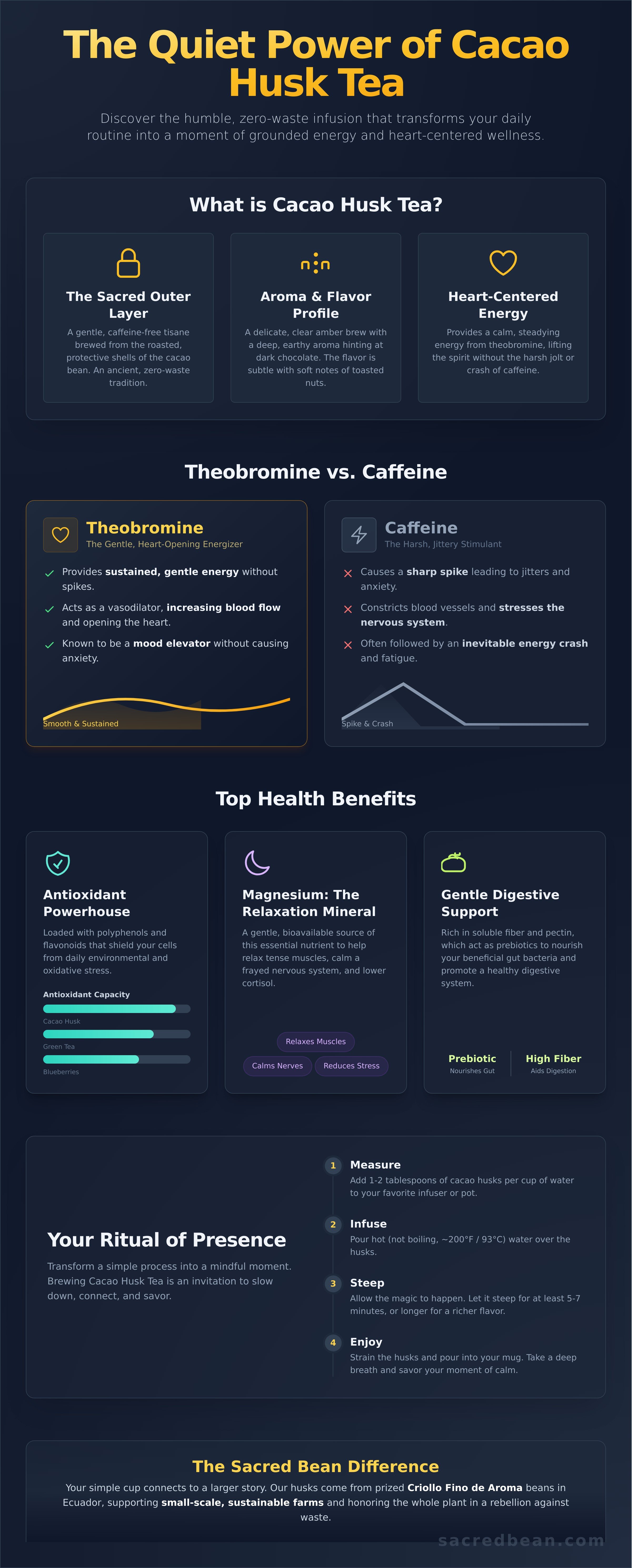 Cacao husk tea benefits infographic - visual guide