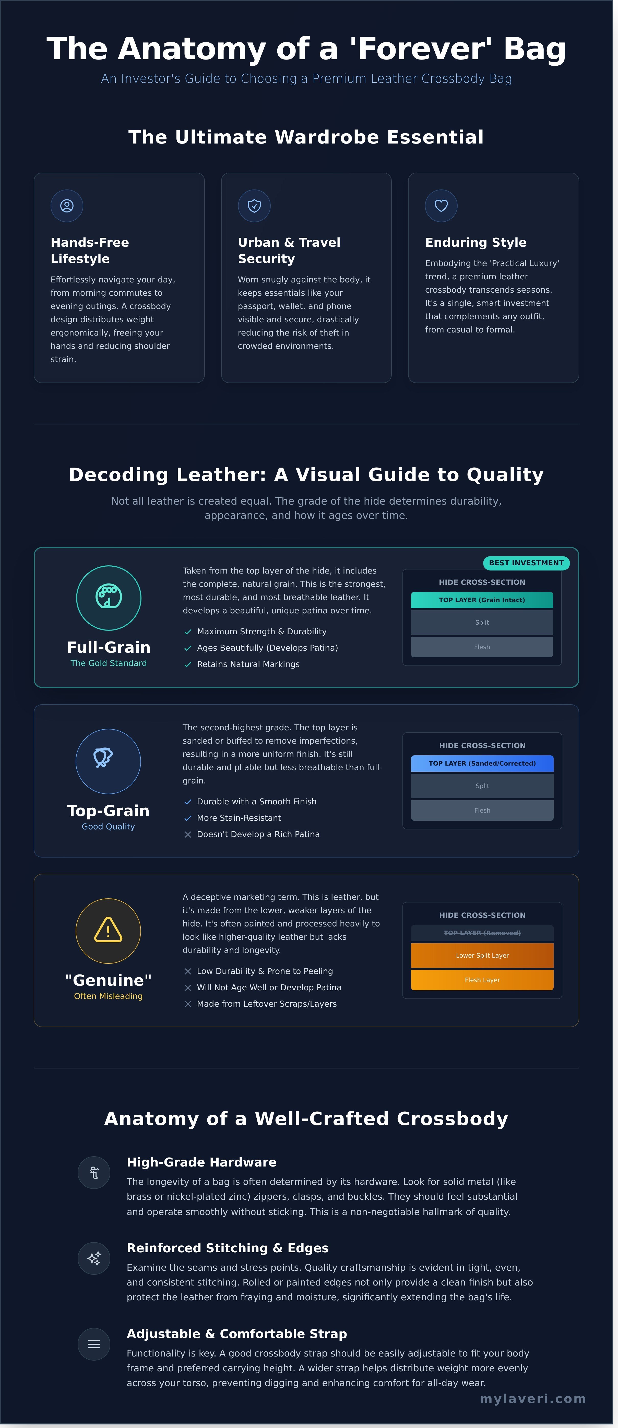 Leather crossbody bag leather infographic - visual guide