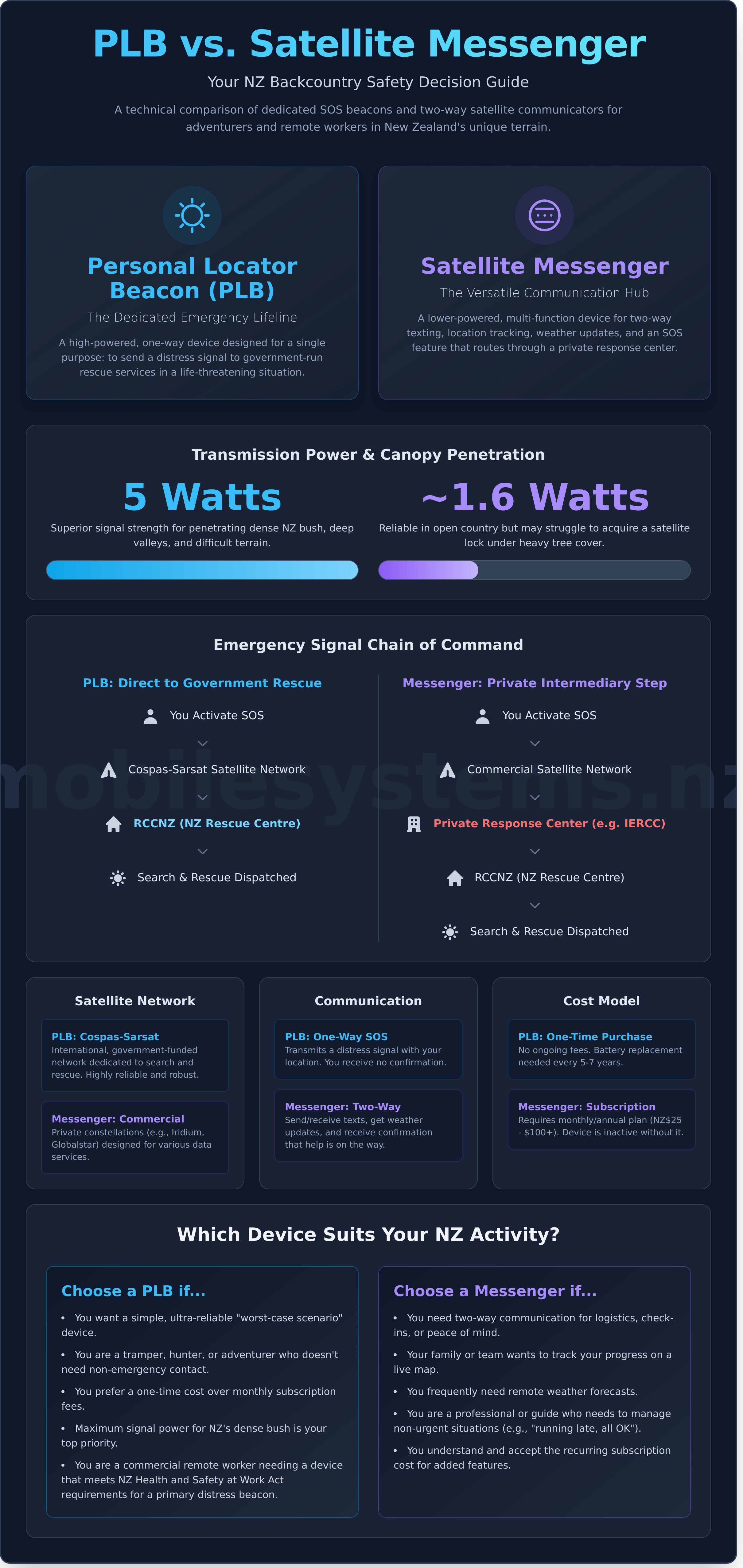 PLB vs satellite messenger safety infographic - visual guide
