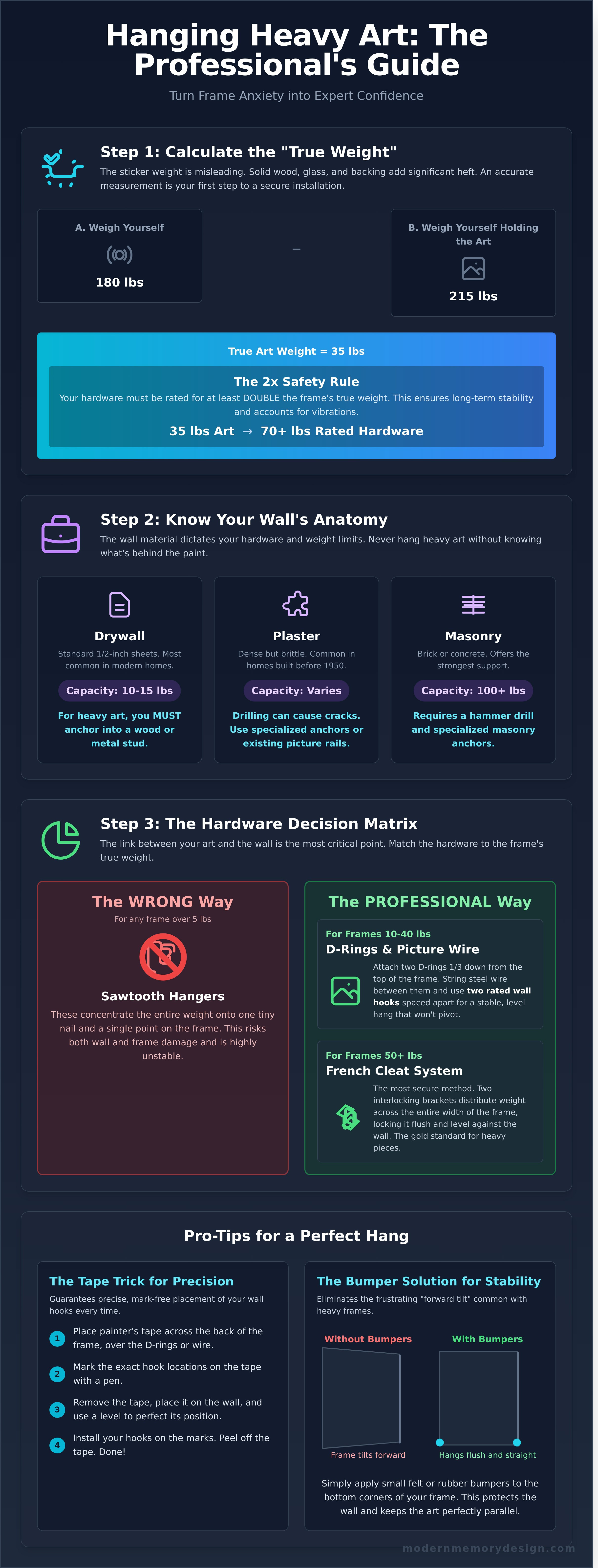 How to hang large frames infographic - visual guide