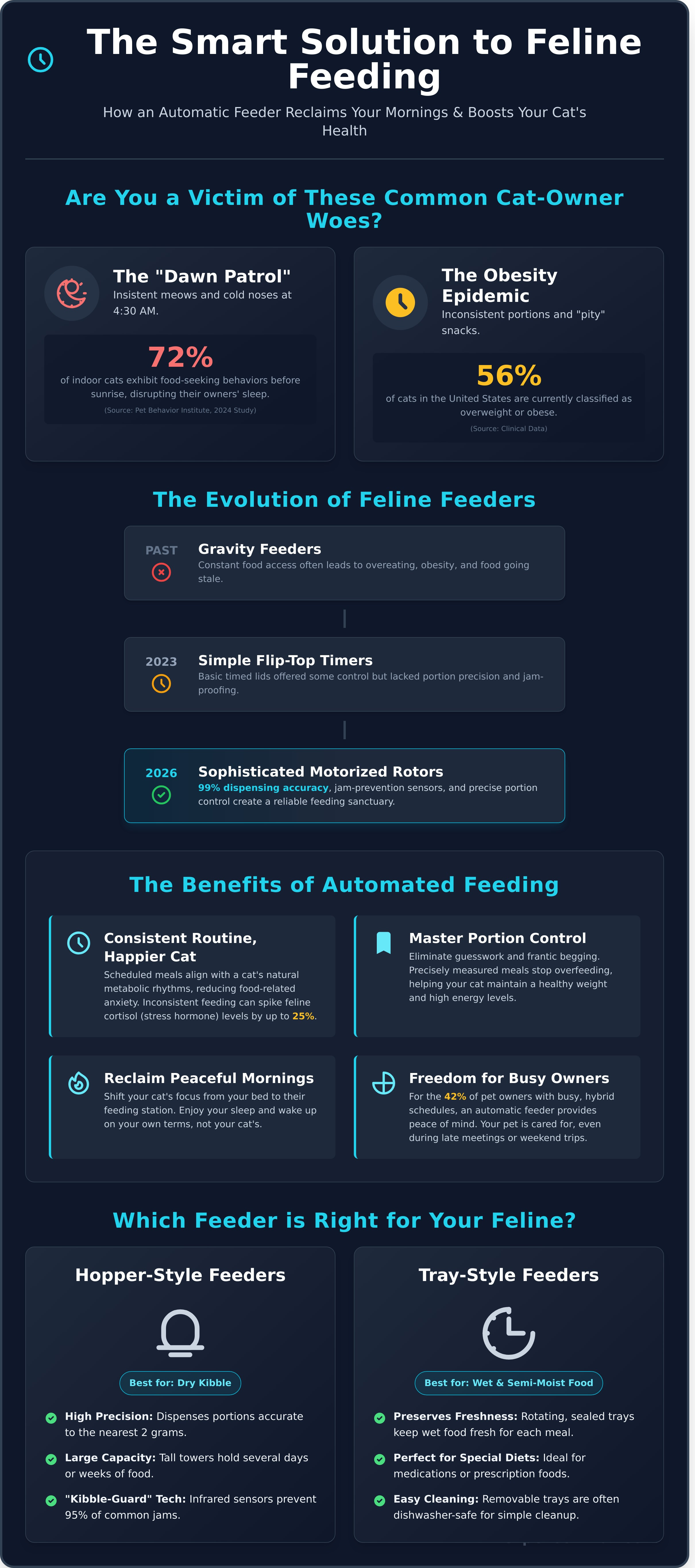 Automatic cat feeder with timer infographic - visual guide