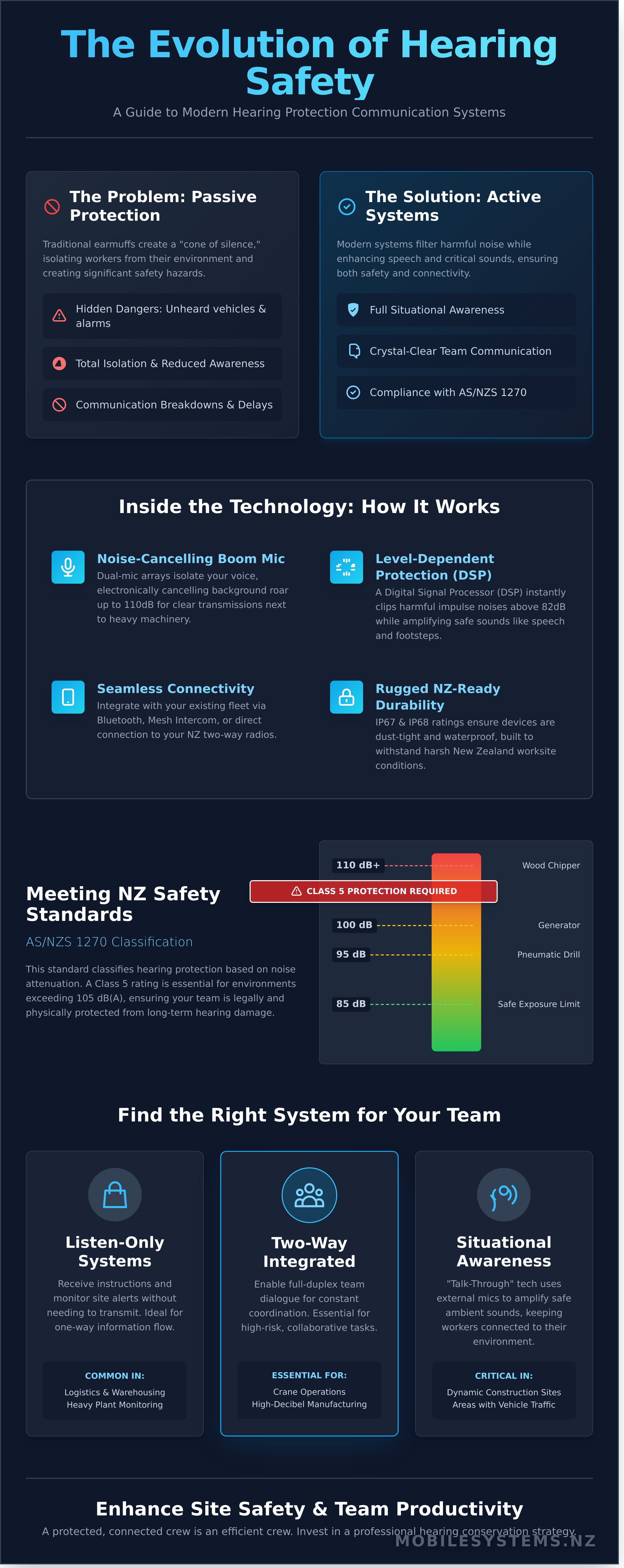 Hearing protection communication systems infographic - visual guide