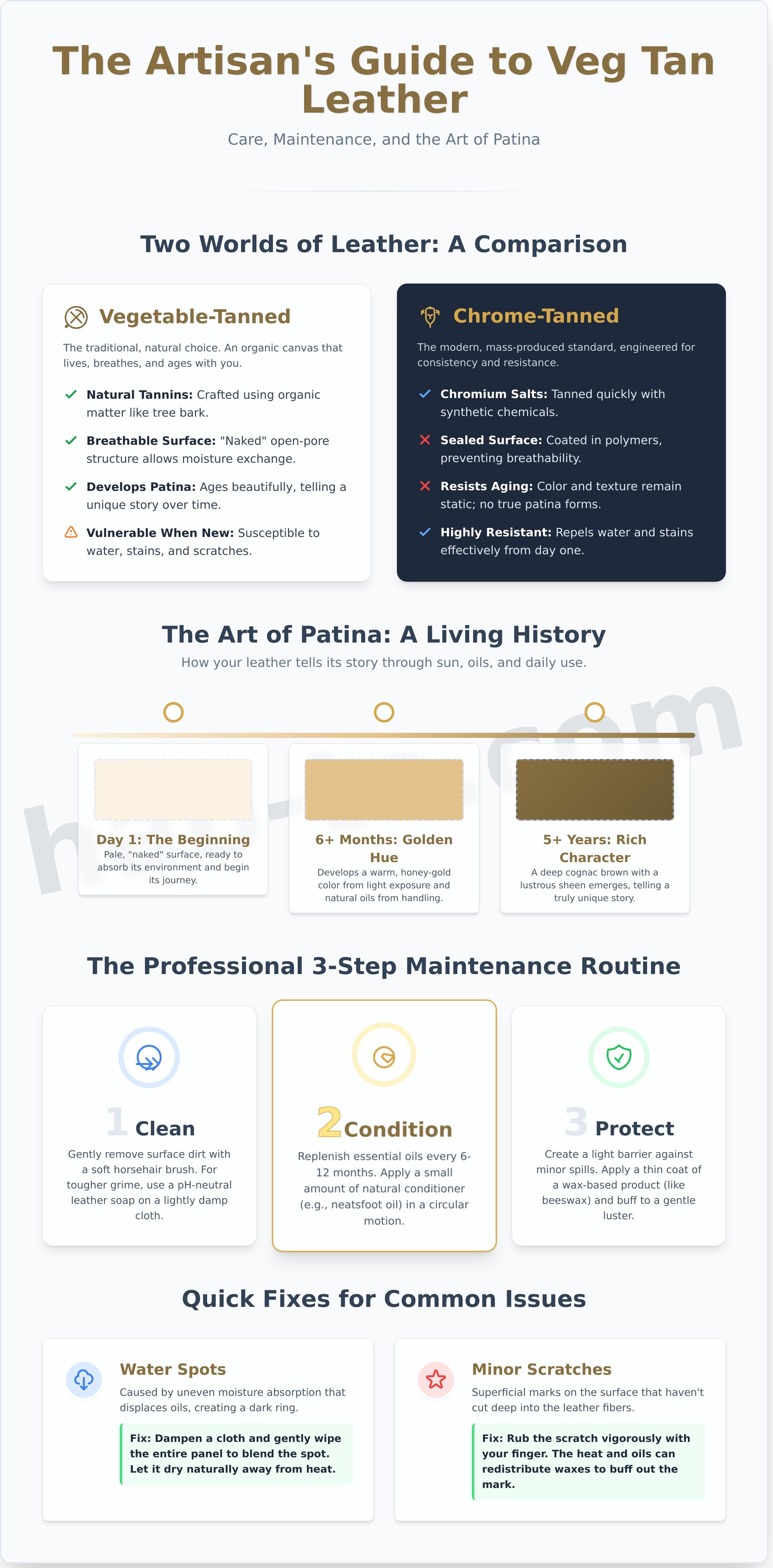 Veg tan leather care and maintenance infographic - visual guide
