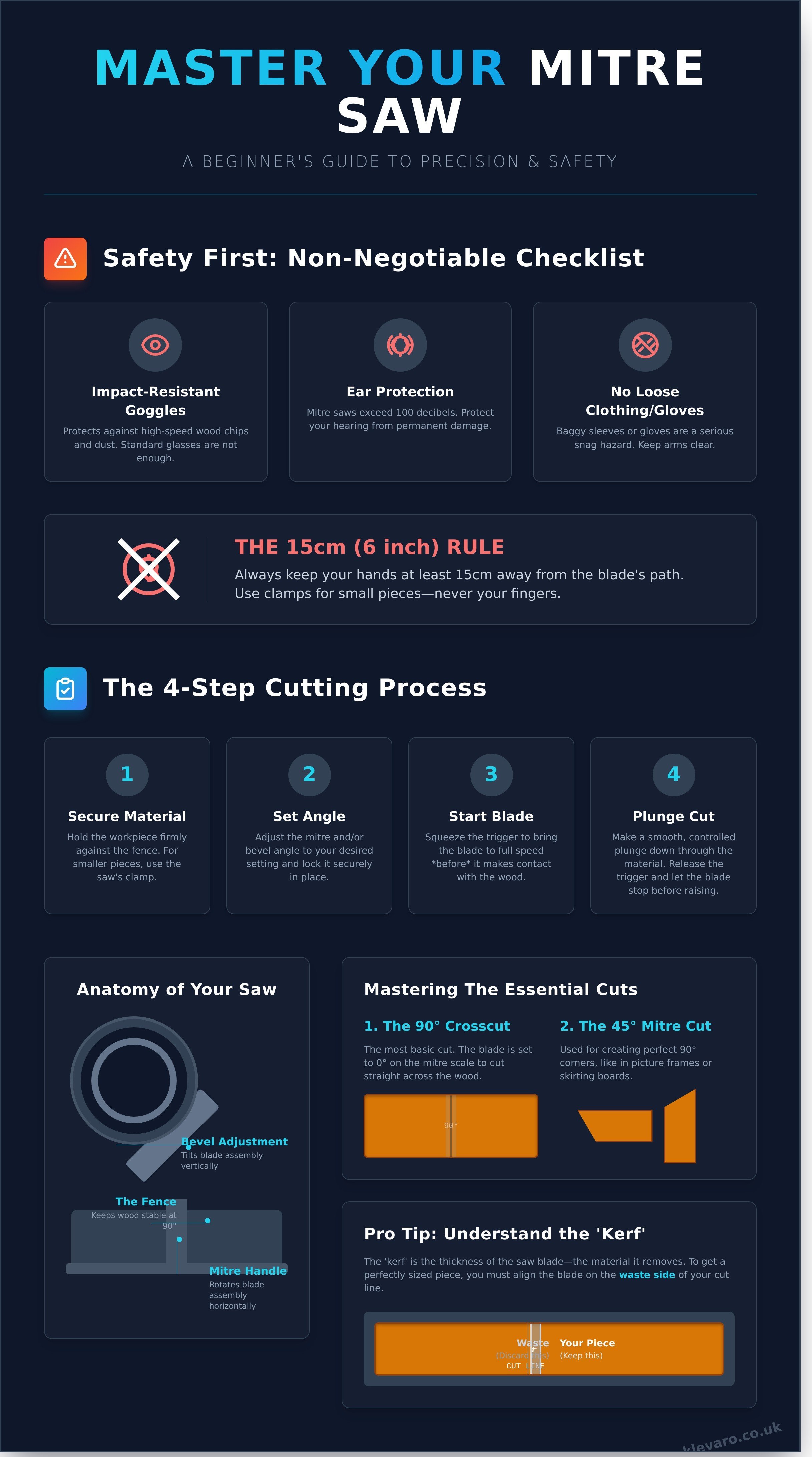 Beginner's guide to using a mitre saw infographic - visual guide