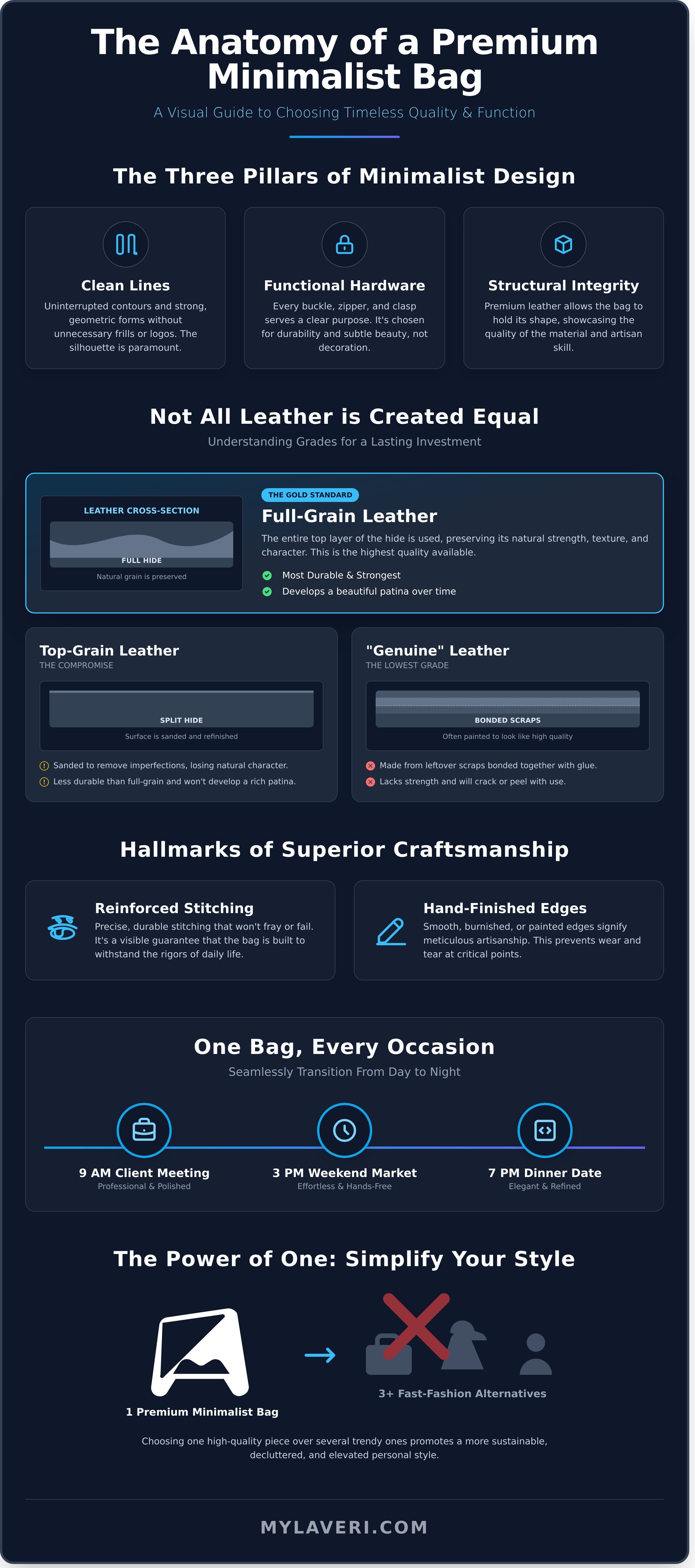 Minimalist leather crossbody bag infographic - visual guide