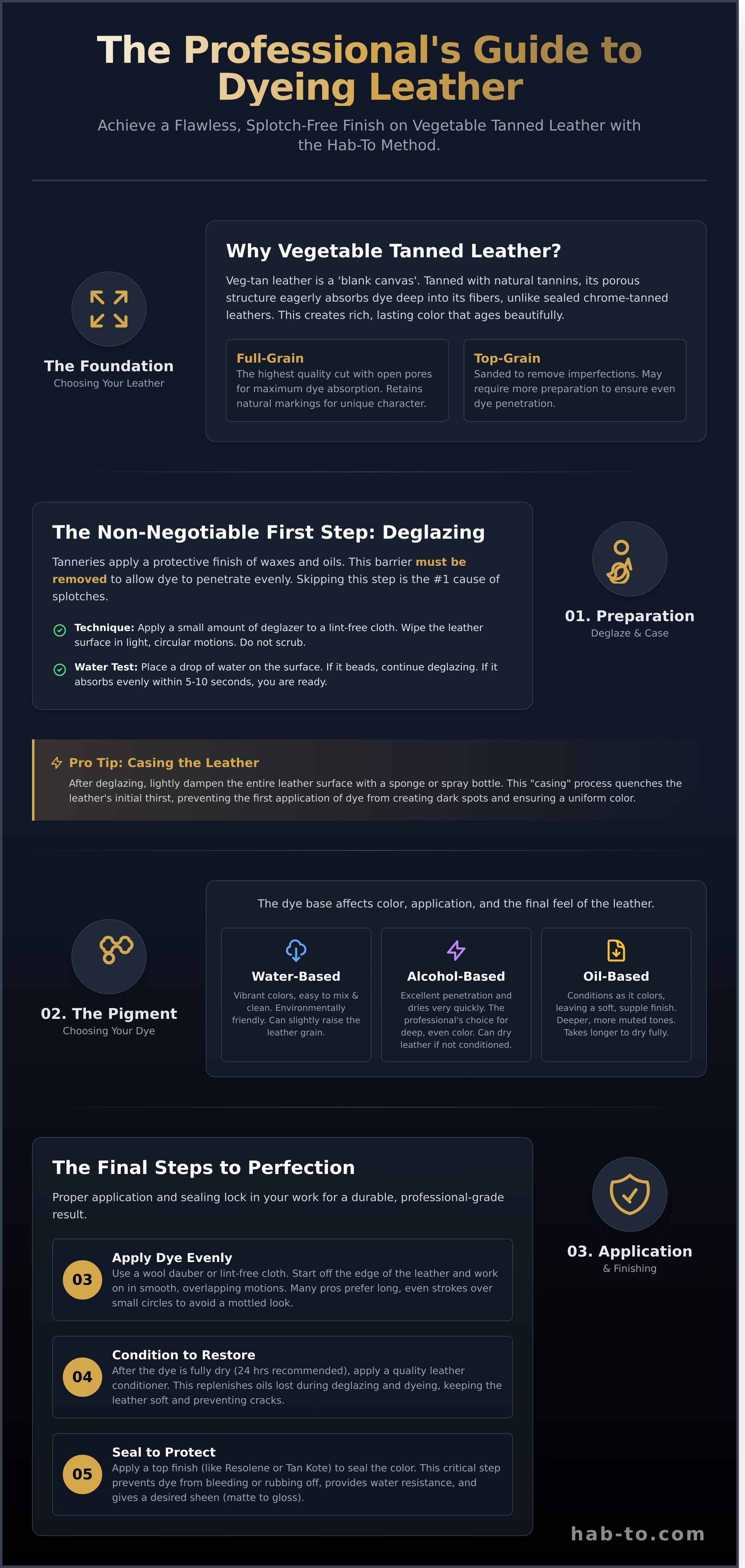 How to dye vegetable tanned leather infographic - visual guide