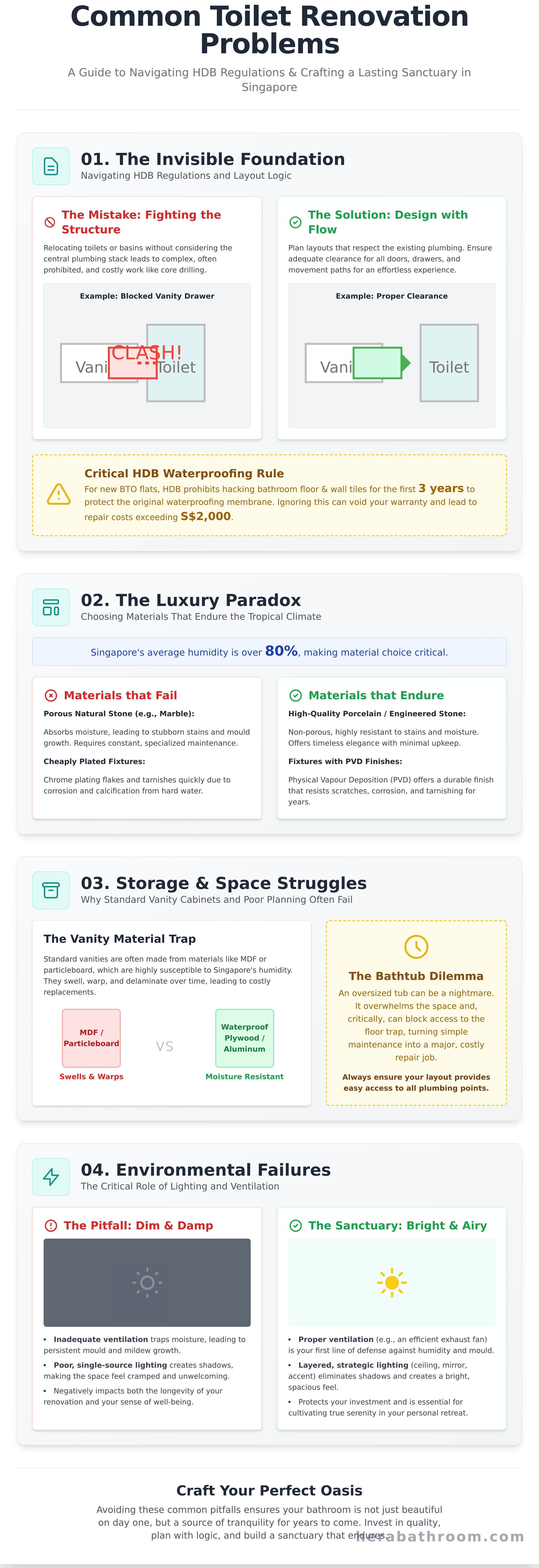 Common toilet renovation problems infographic - visual guide