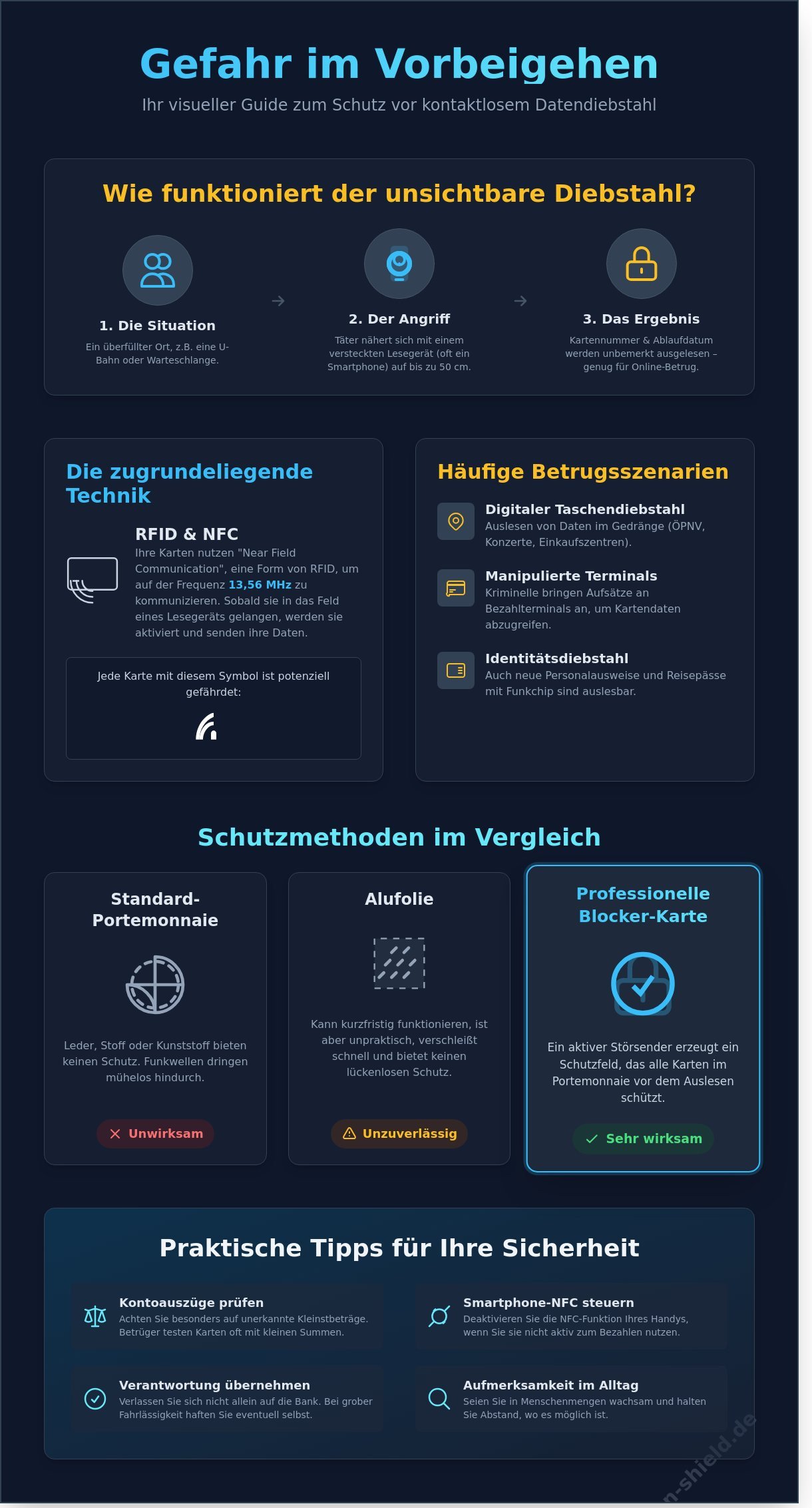 Kontaktlos betrug vermeiden infographic - visual guide