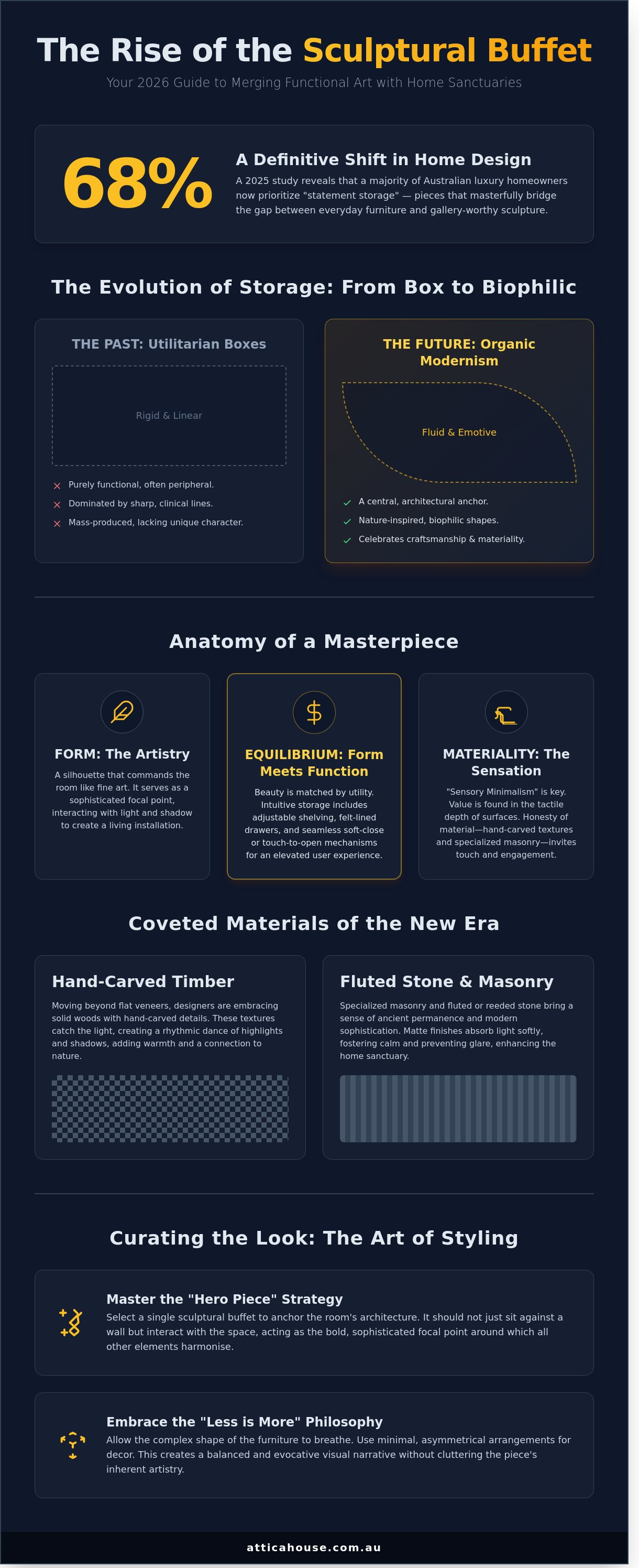 Sculptural buffet cabinet infographic - visual guide