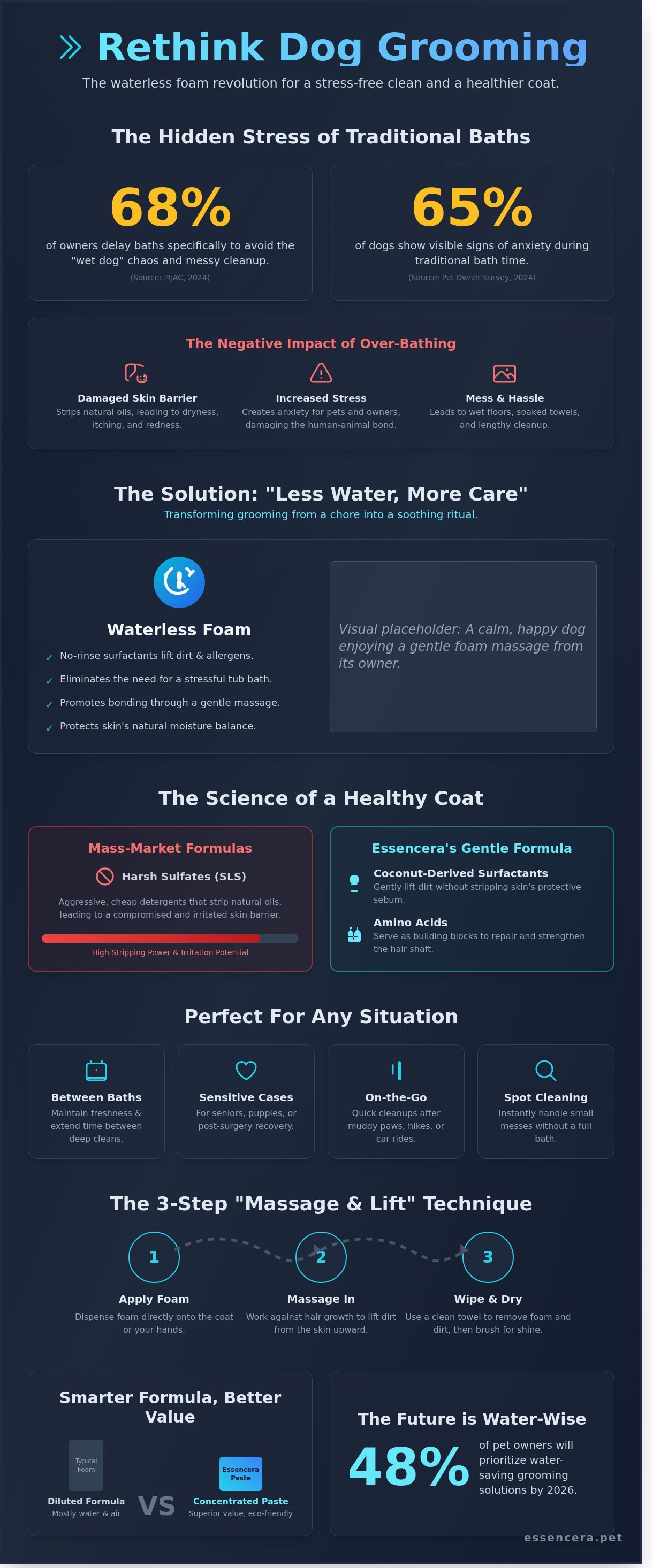 Waterless dog shampoo foam infographic - visual guide
