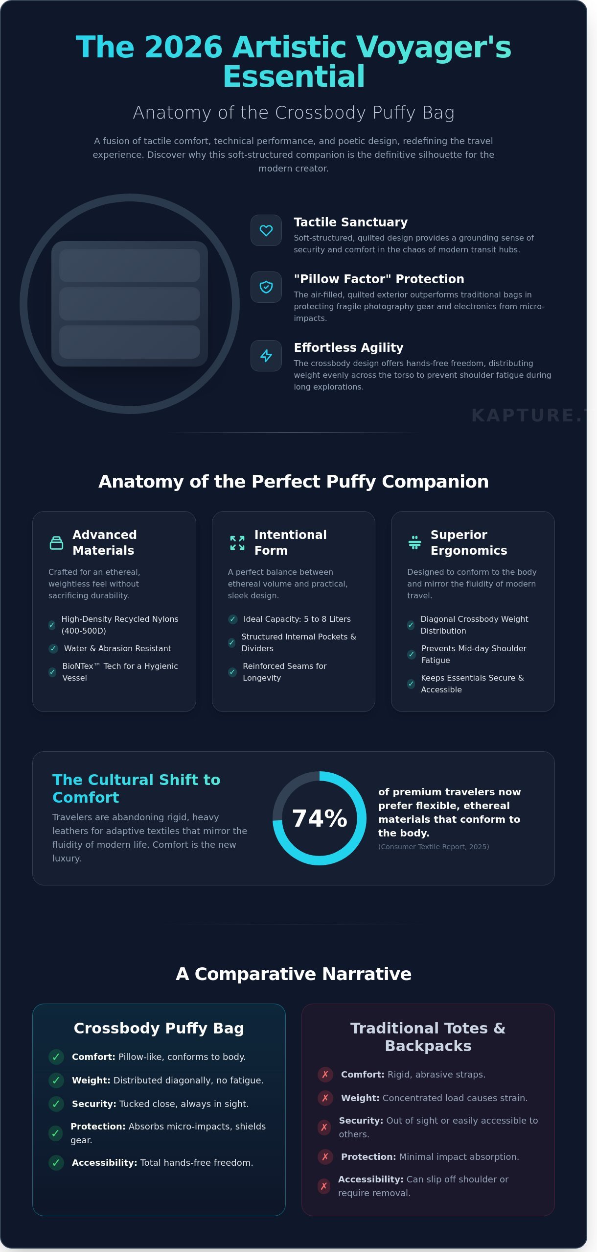 Crossbody puffy bag infographic - visual guide