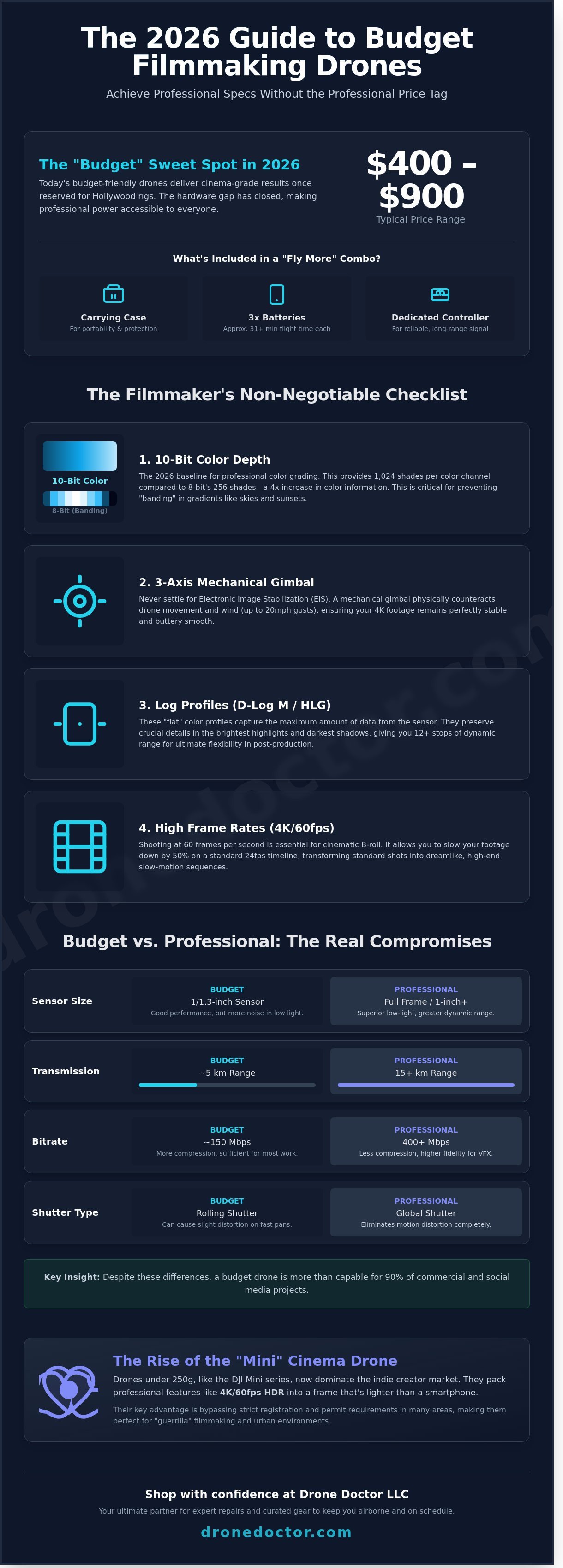 Drone for filmmaking on a budget infographic - visual guide