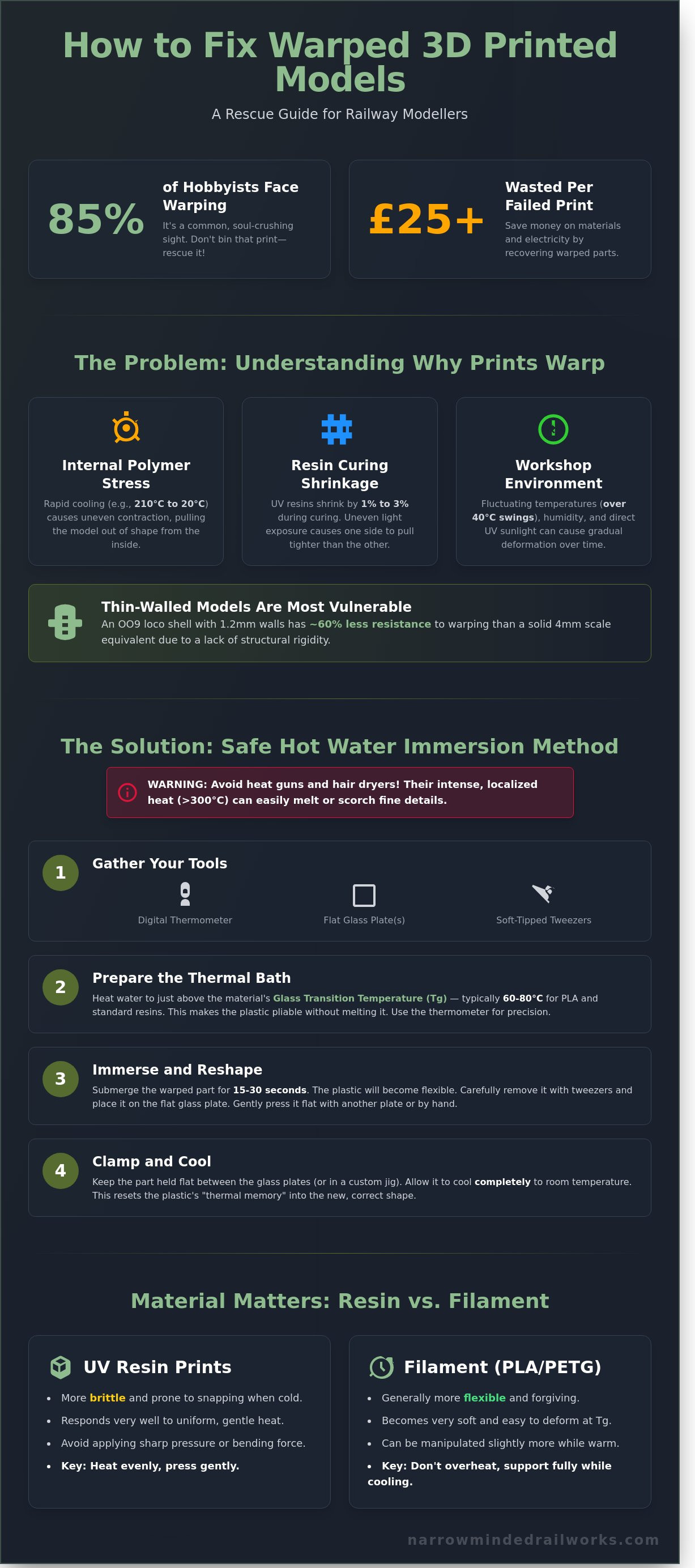How to fix warped 3d printed models infographic - visual guide