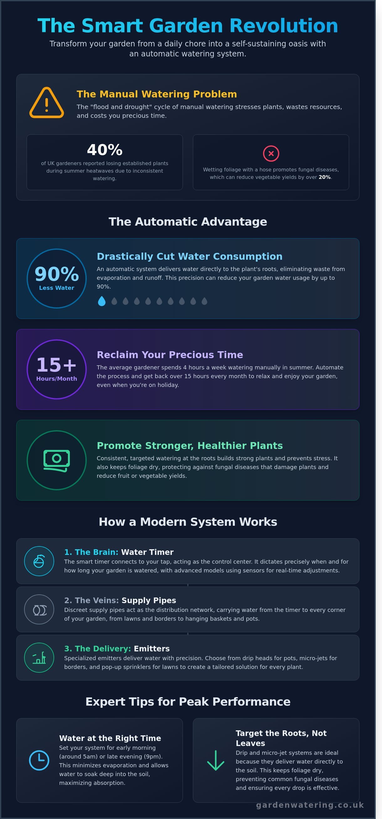 Automatic garden watering system infographic - visual guide