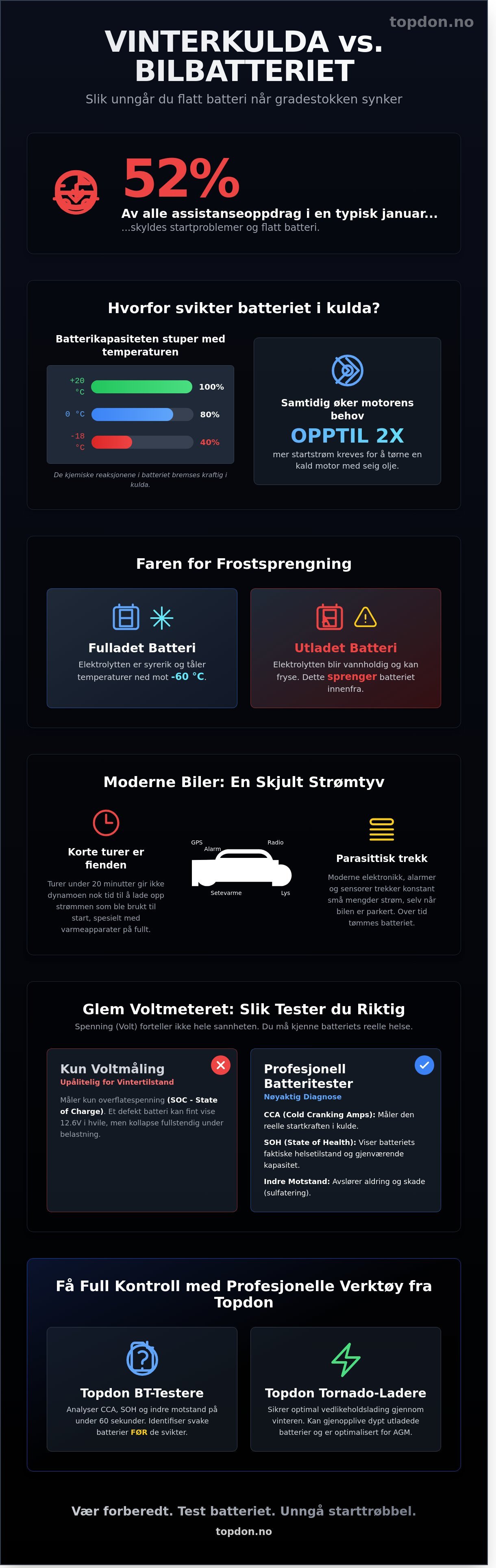 Flatt batteri om vinteren infographic - visual guide