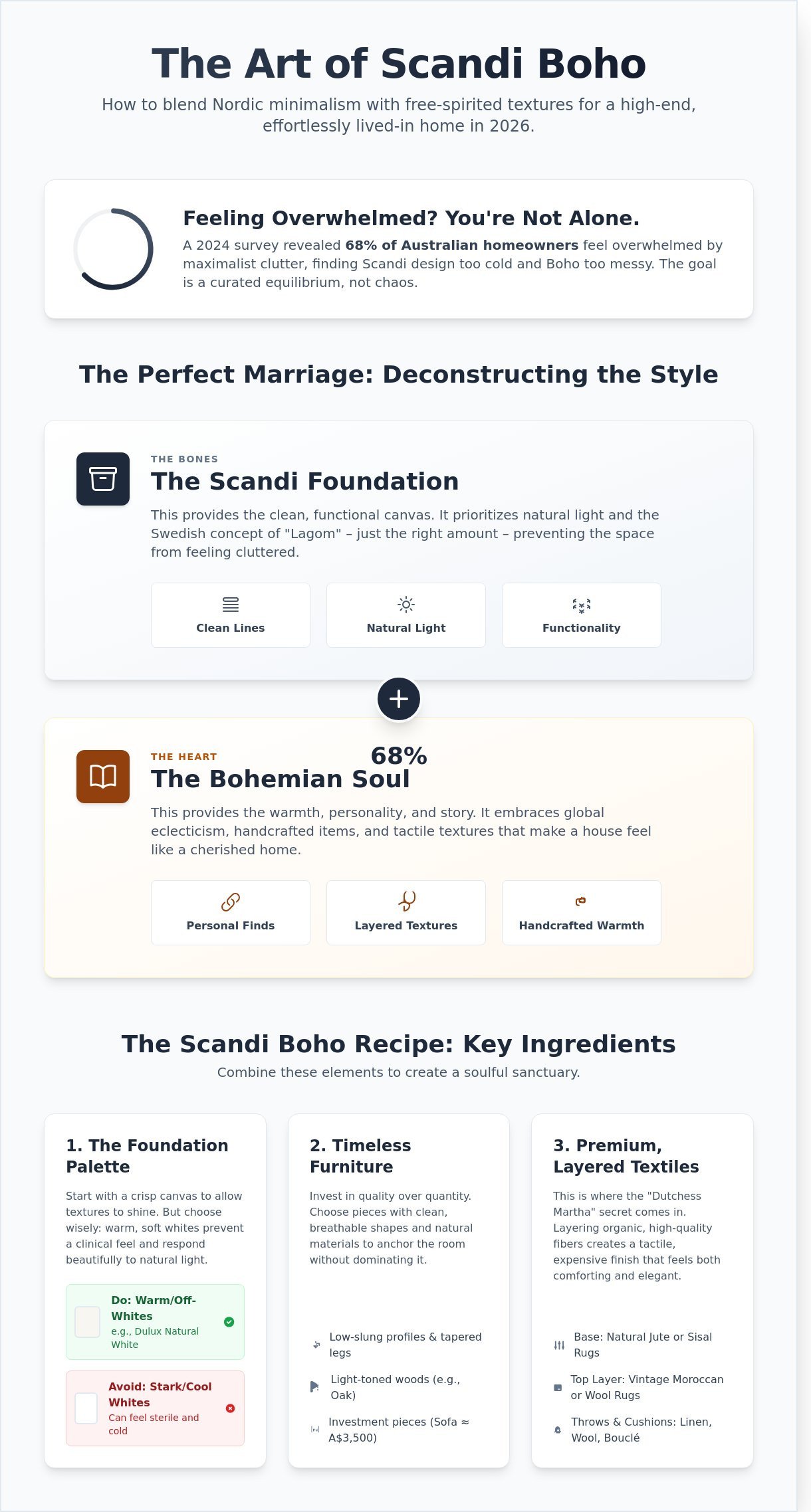 Scandi boho living room ideas infographic - visual guide