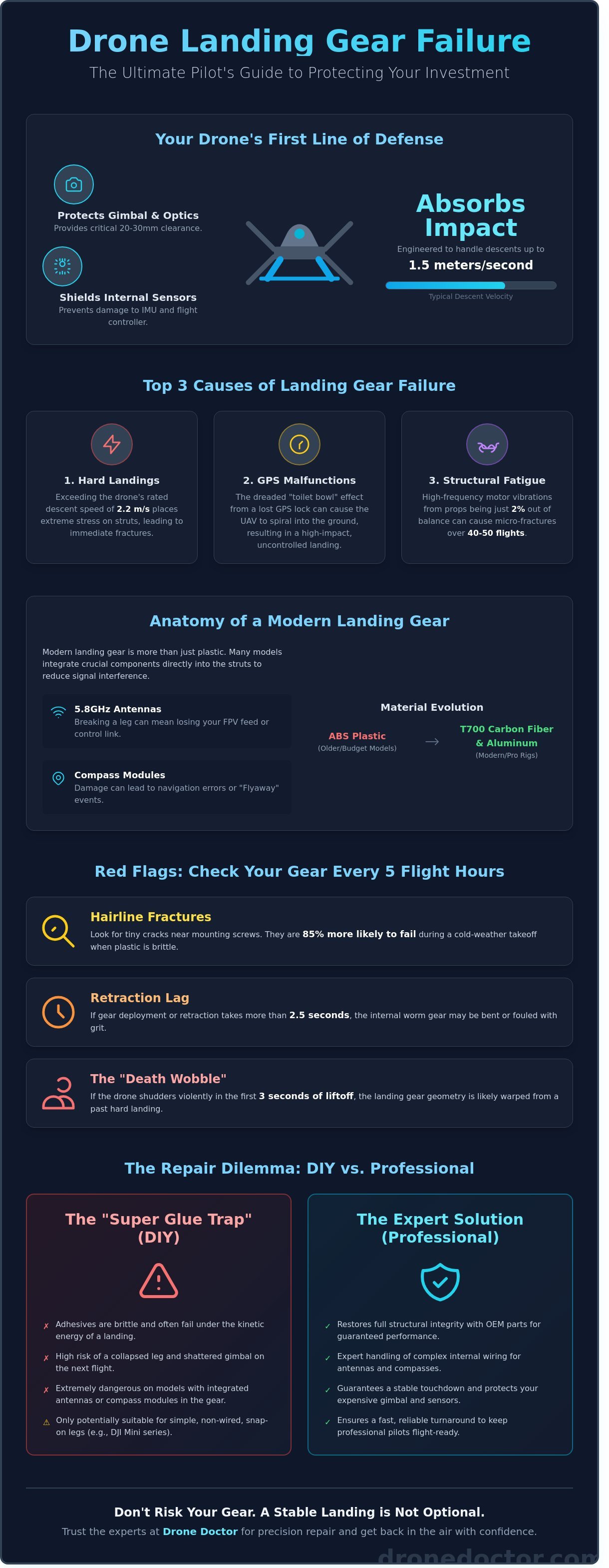 Drone landing gear repair infographic - visual guide