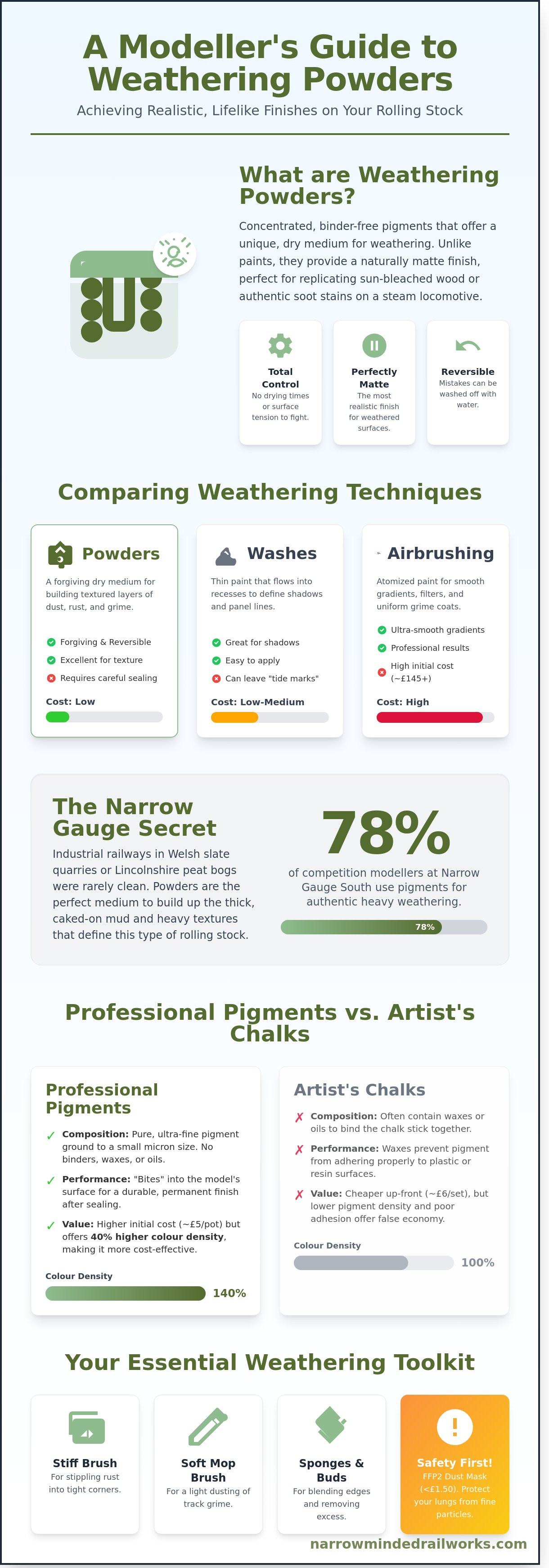 Guide to model railway weathering powders infographic - visual guide