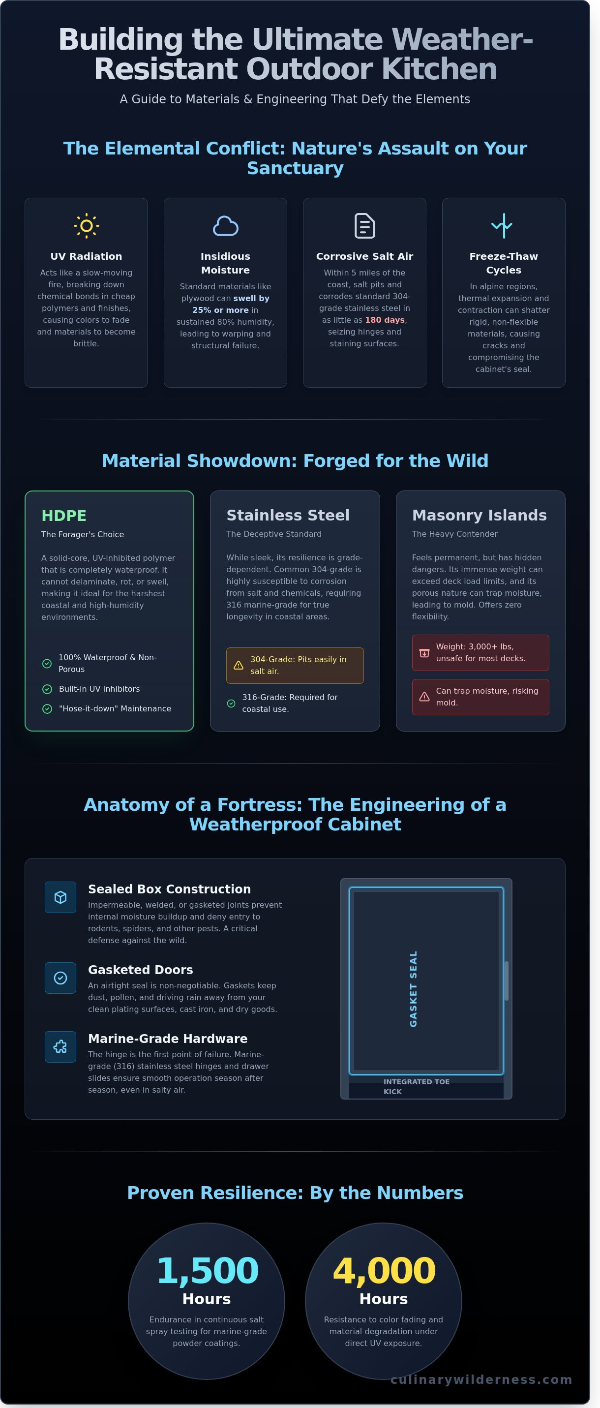 Weather resistant outdoor kitchen cabinets