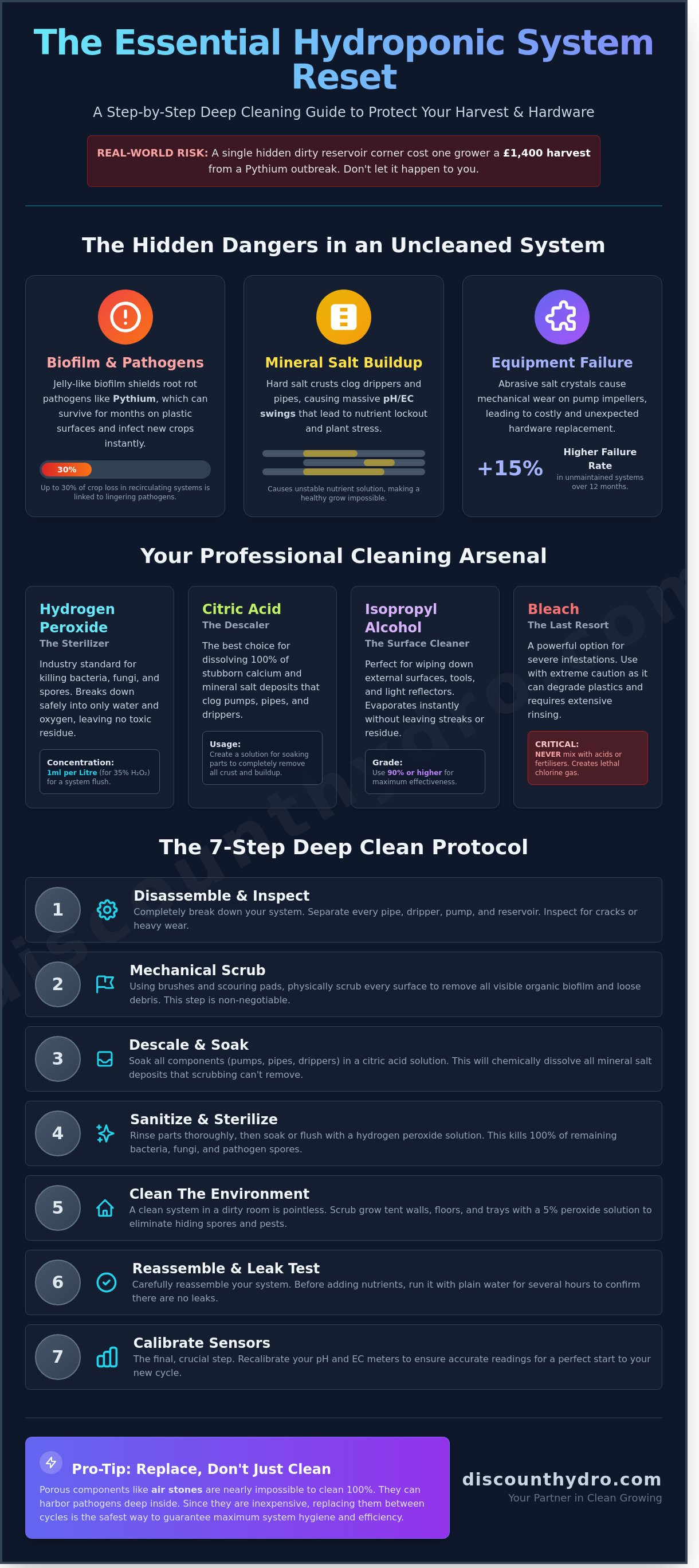 Cleaning a hydroponic system between grows