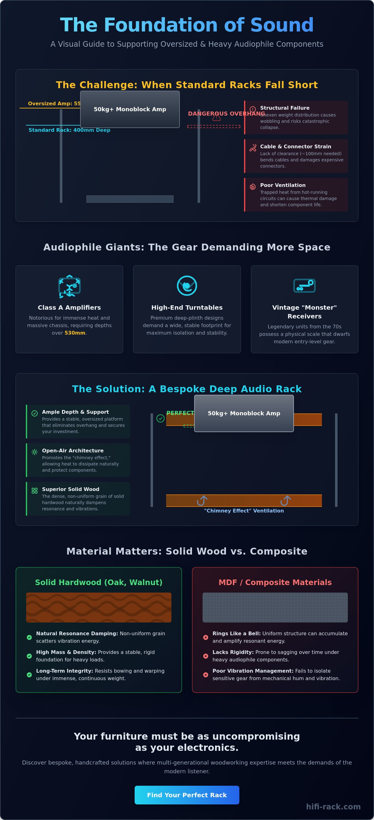 Deep audio rack for oversized components