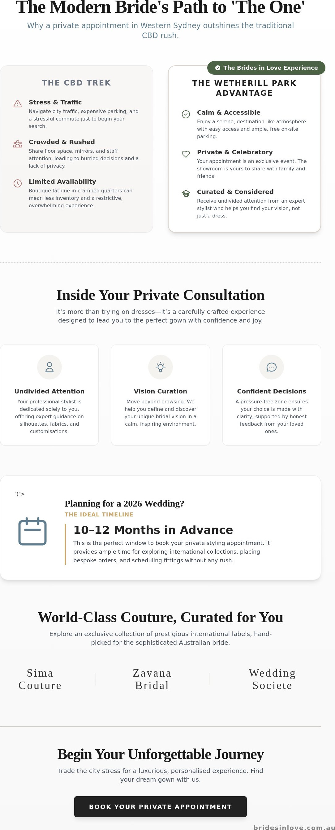 Private wedding dress appointments Western Sydney