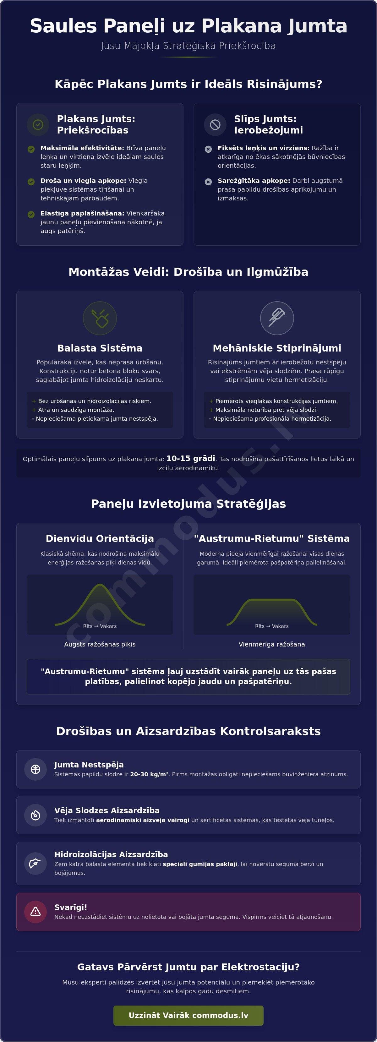 Saules paneļu uzstādīšana uz plakana jumta
