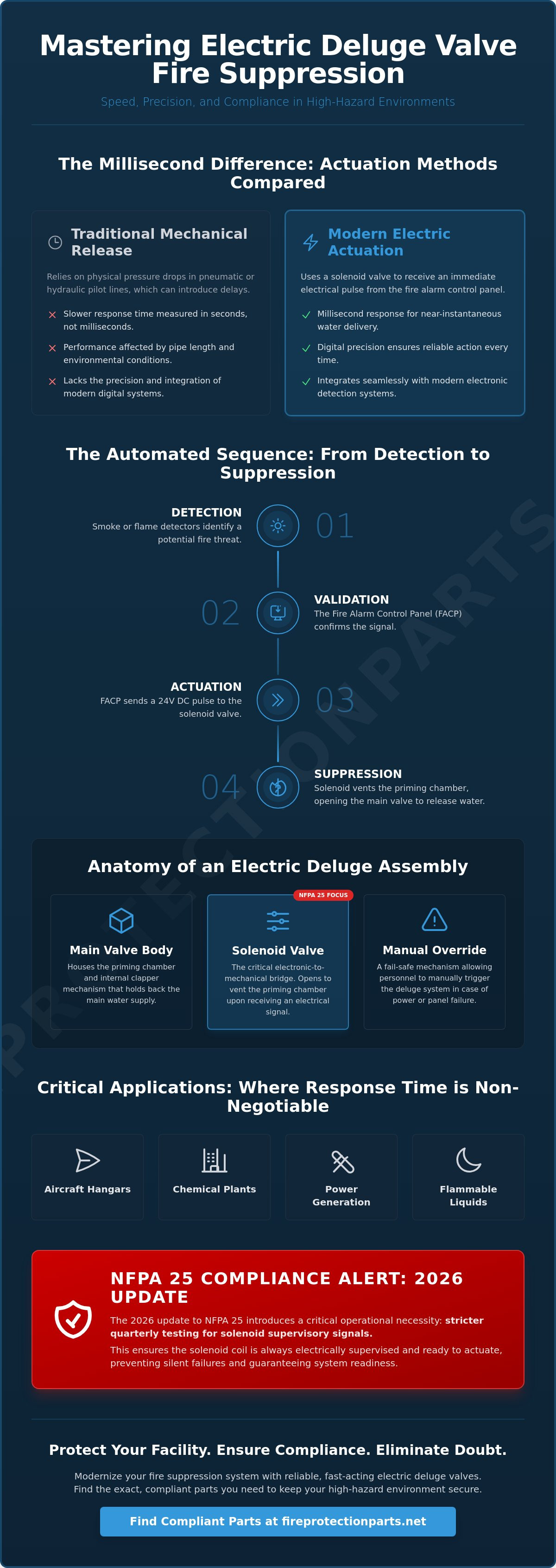 Electric deluge valve fire suppression