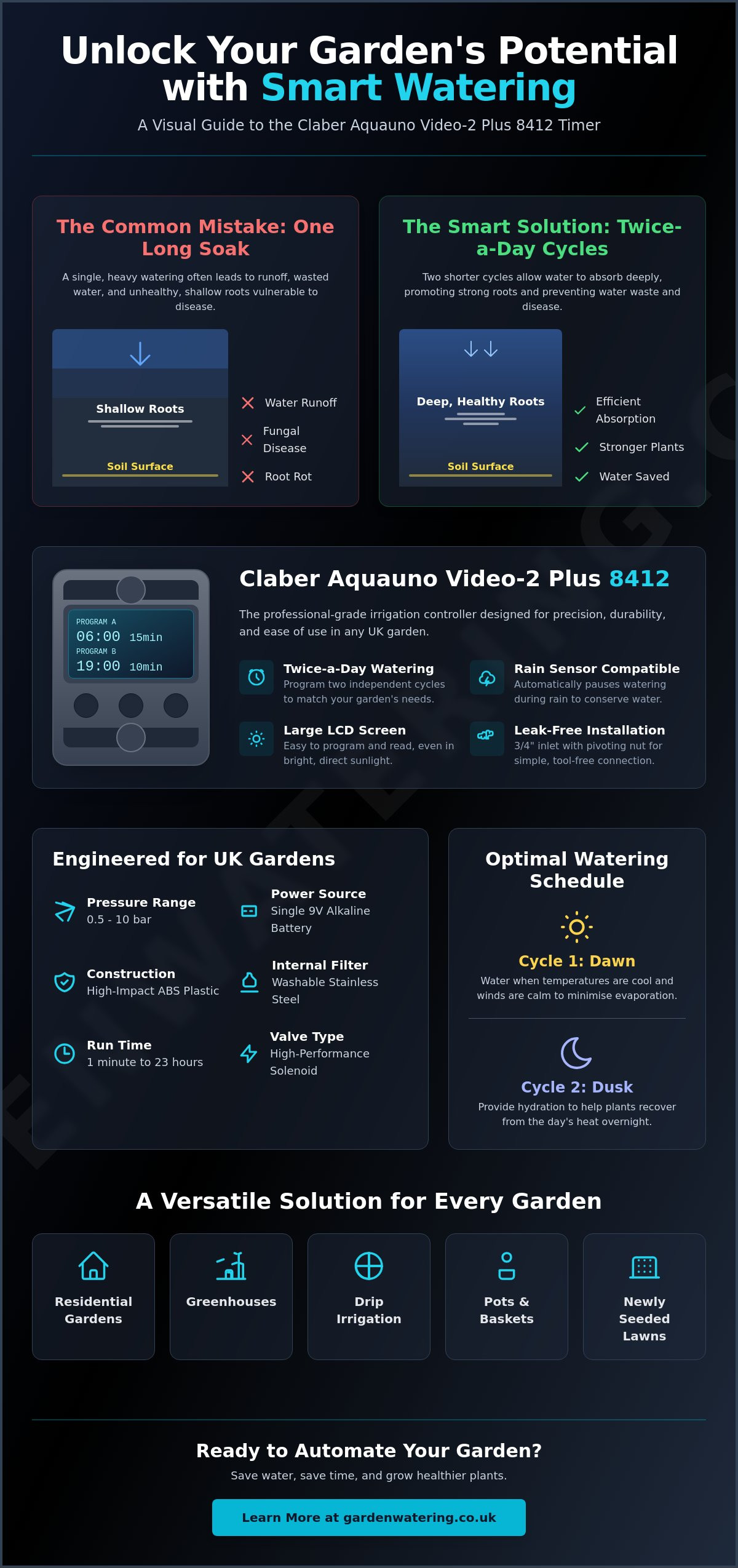 Claber video 2 timer 8412, rain sensor compatable, twice a day watering