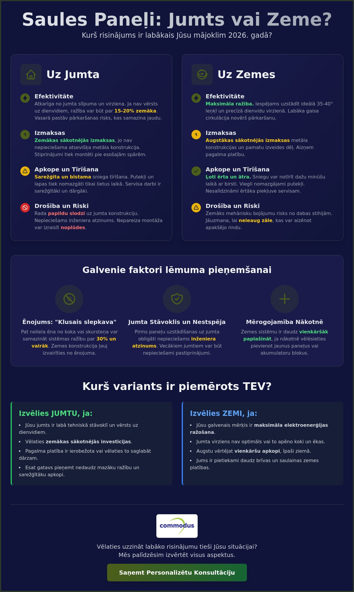 Saules paneļi uz zemes vai uz jumta