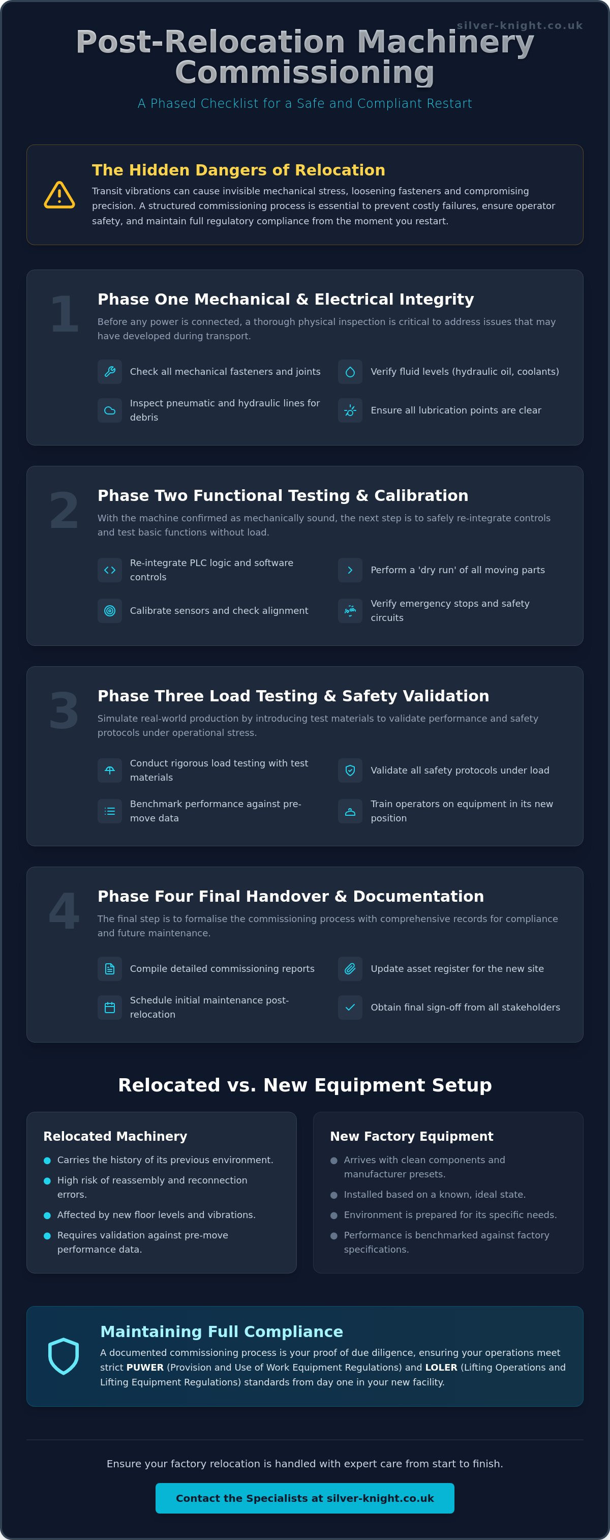 Post-relocation machinery commissioning checklist