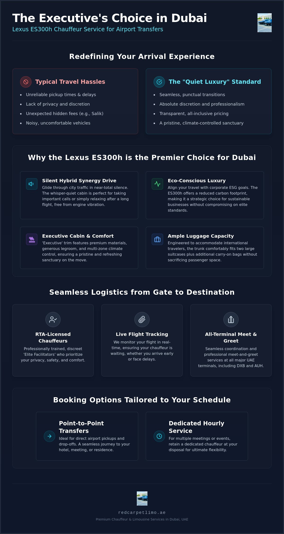 Book Lexus ES300h Airport Transfers in Dubai | Eco-Luxury infographic