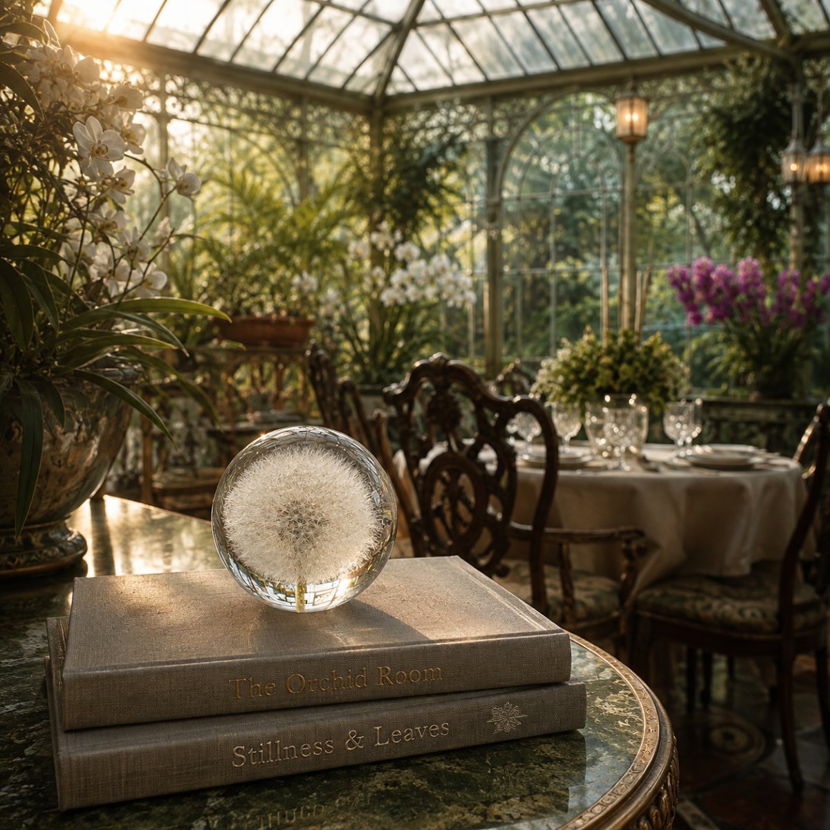 Dandelion Sphere displayed on books in an elegant sunlit glass conservatory filled with orchids, greenery and a beautifully set dining table.