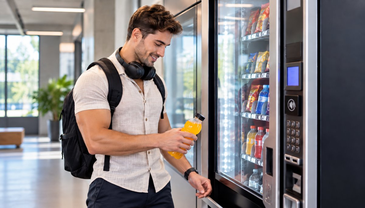 Young man using a vending machine and holding a bottled drink in a modern workplace setting.