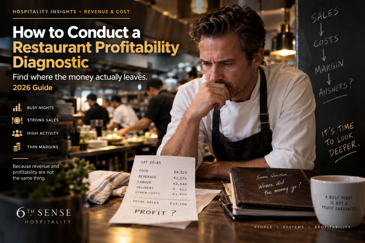 Restaurant operator reviewing sales and costs after a busy service while conducting a restaurant profitability diagnostic.