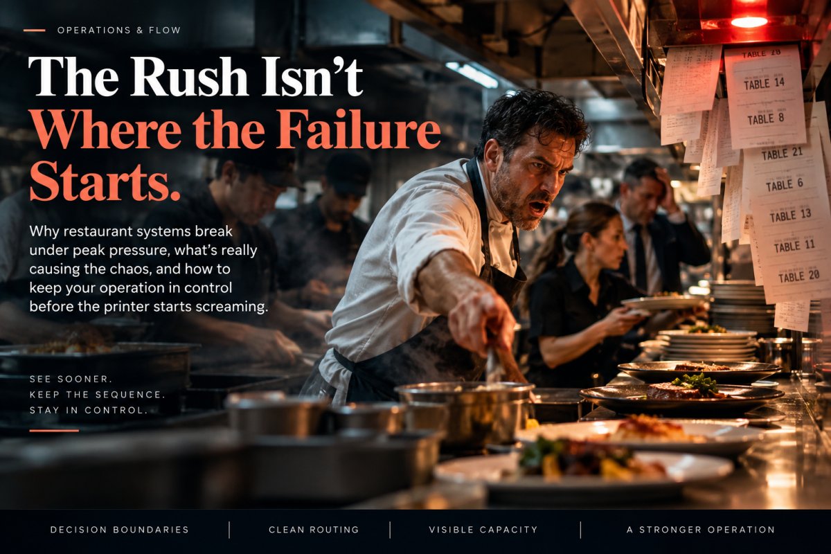 A restaurant kitchen at peak service as tickets accumulate, the pass fills and the team works under mounting pressure. The scene represents the central Operations & Flow principle: the visible rush is not necessarily where the failure starts — it is where earlier problems in capacity, routing and decision flow finally become visible.
