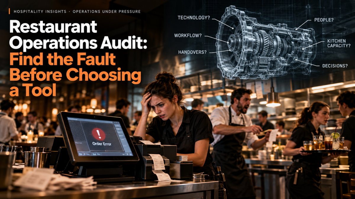Restaurant operations audit showing a stressed peak-hour service team, POS error and gearbox diagnostic graphic illustrating hidden operational faults.