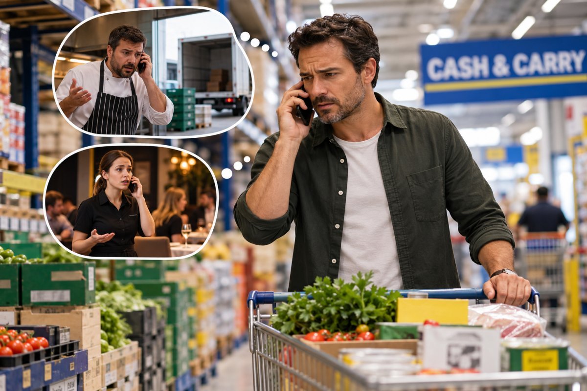A restaurant owner struggles to complete a routine shopping trip as calls from the kitchen and floor supervisor demand his attention. The image illustrates how daily restaurant operations can become dependent on the owner's constant availability, raising the question: How can you run a restaurant without always being there?