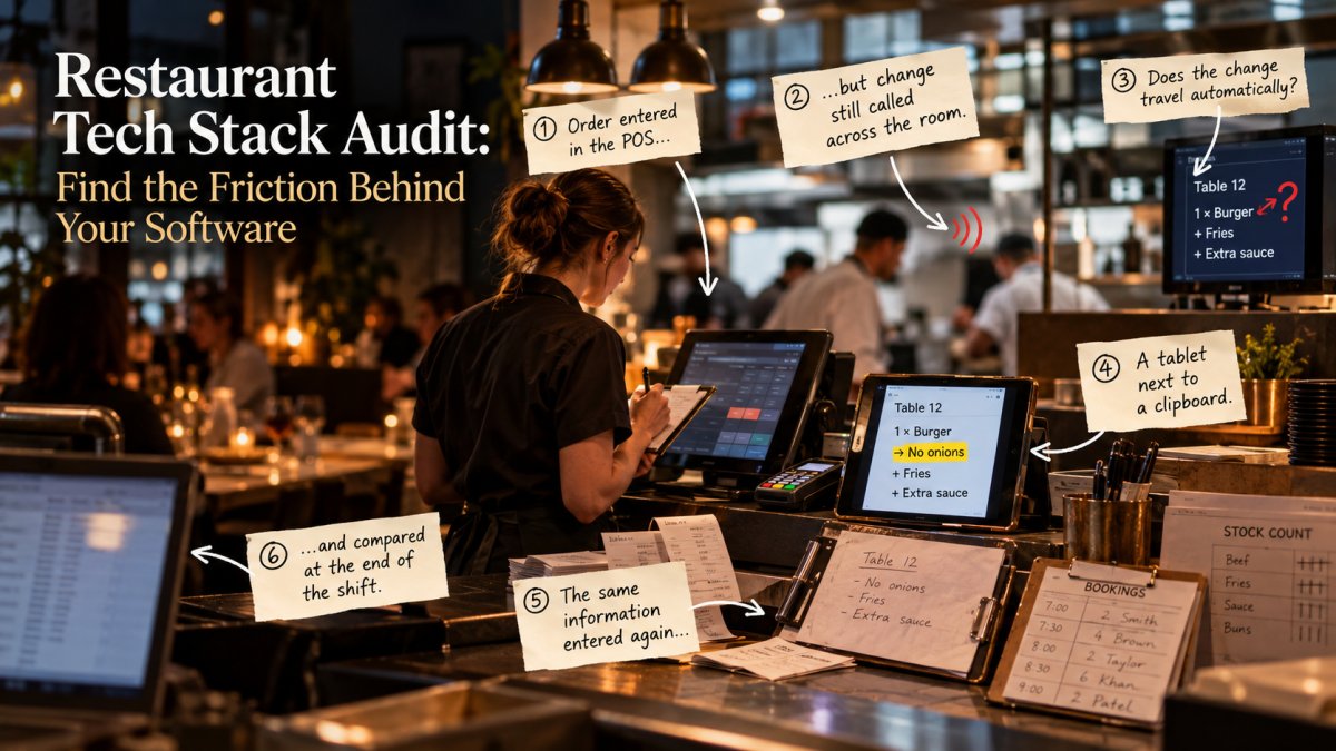 Restaurant tech stack audit showing POS screens, tablets, paper records and duplicate order entry during busy restaurant service.