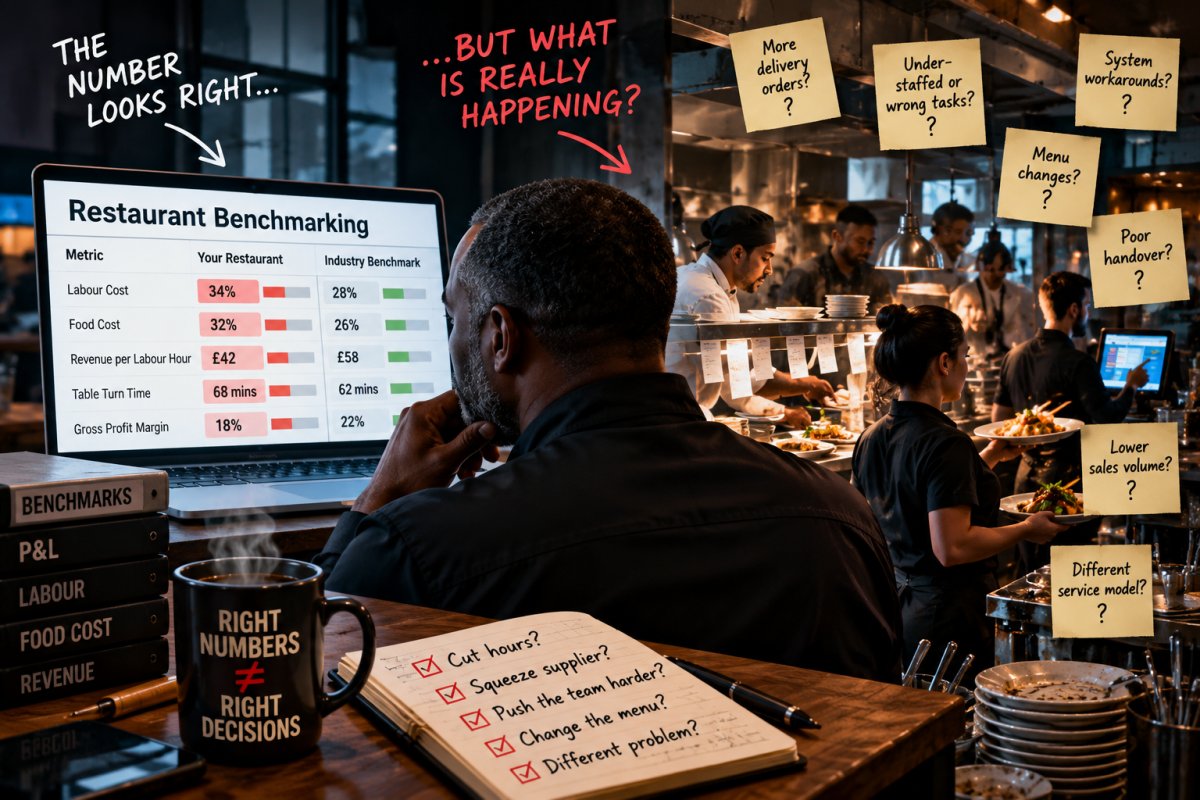 Restaurant benchmarking dashboard showing correct labour, food cost and revenue metrics while a busy restaurant operation reveals the unanswered questions behind the numbers.