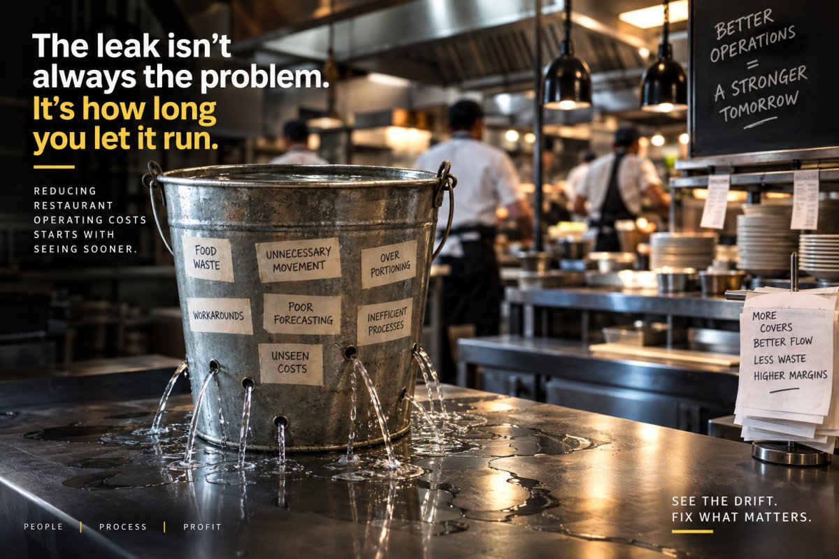 Leaking bucket in a busy restaurant kitchen illustrating hidden operating costs from food waste, unnecessary movement, over-portioning and inefficient processes.