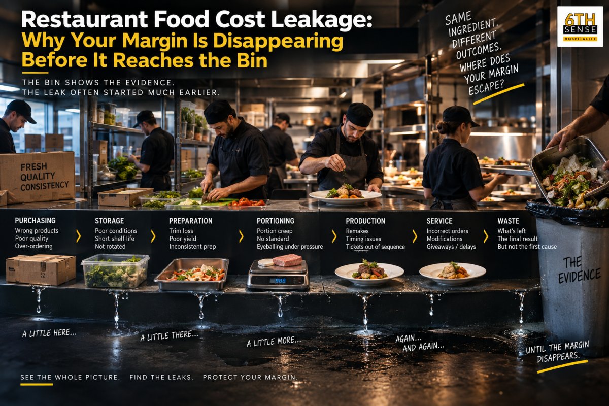 Restaurant food cost leakage from purchasing and storage through preparation, portioning, production and service, showing how margin disappears before waste reaches the bin.