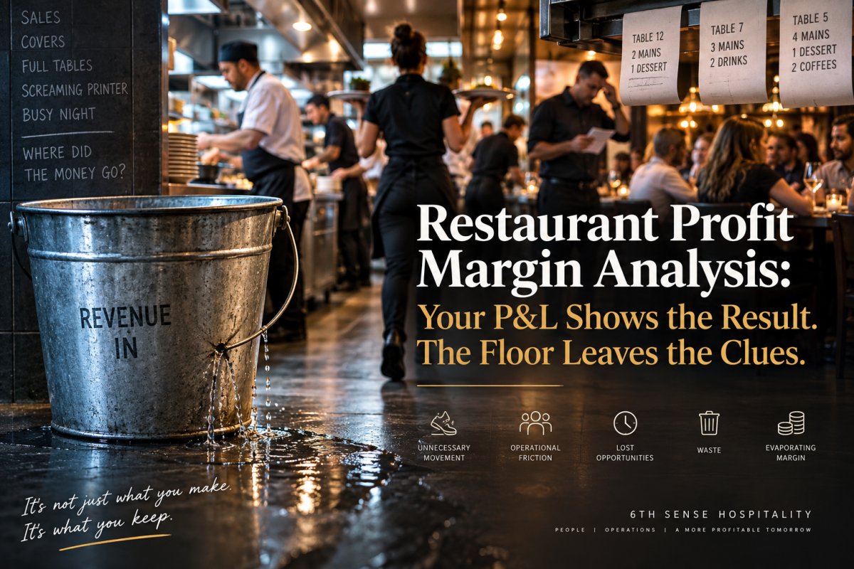 Restaurant profit margin analysis illustrated by a leaking revenue bucket during a busy restaurant service, showing hidden operational friction and margin loss.