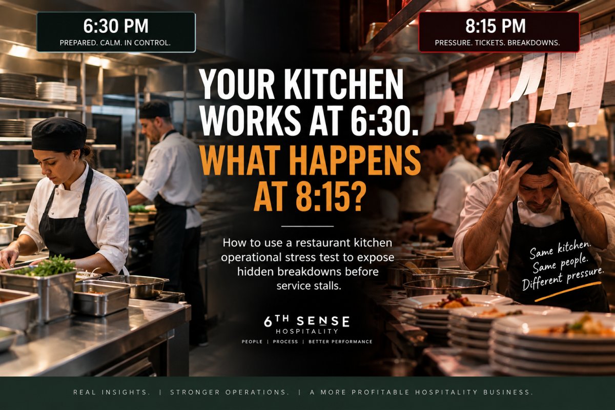 Restaurant kitchen operational stress test showing the same kitchen calm at 6:30 PM and under peak-service pressure at 8:15 PM.