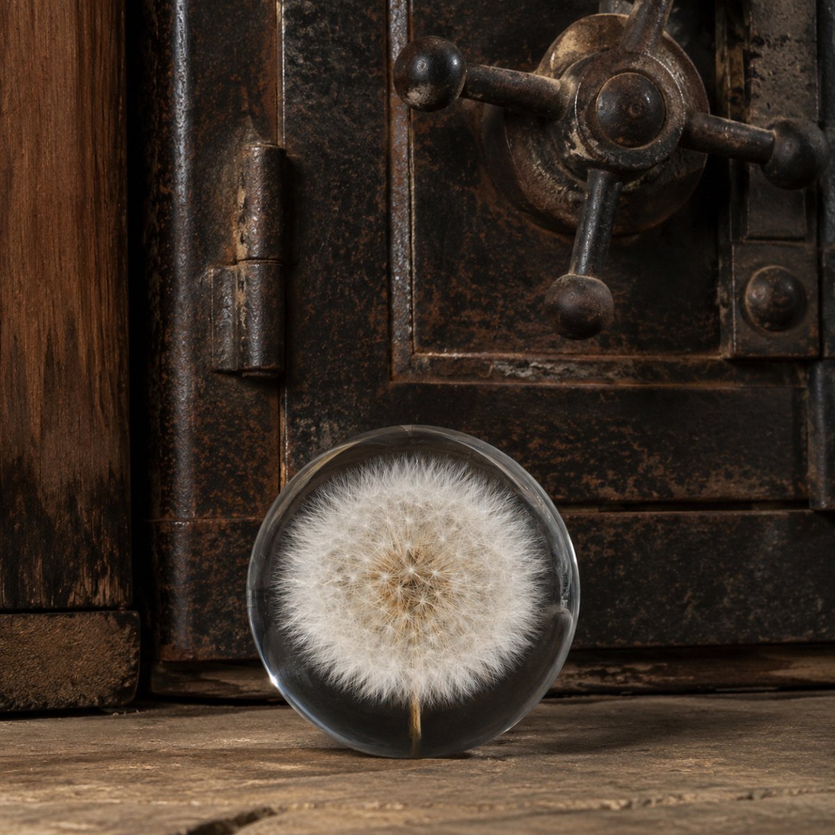 Dandelion Sphere with a natural white dandelion displayed in front of an antique iron safe, combining delicate botanical beauty with historic industrial character.