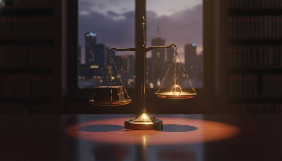 Scales of justice on a desk with the Melbourne skyline at dusk, representing superannuation splitting in an Australian divorce